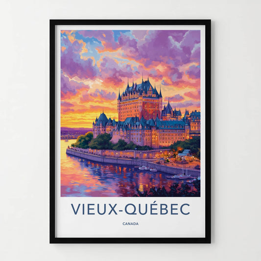 Vieux Quebec Poster - Canada Travel Art - Vibrant Castle Sunset Home Decor