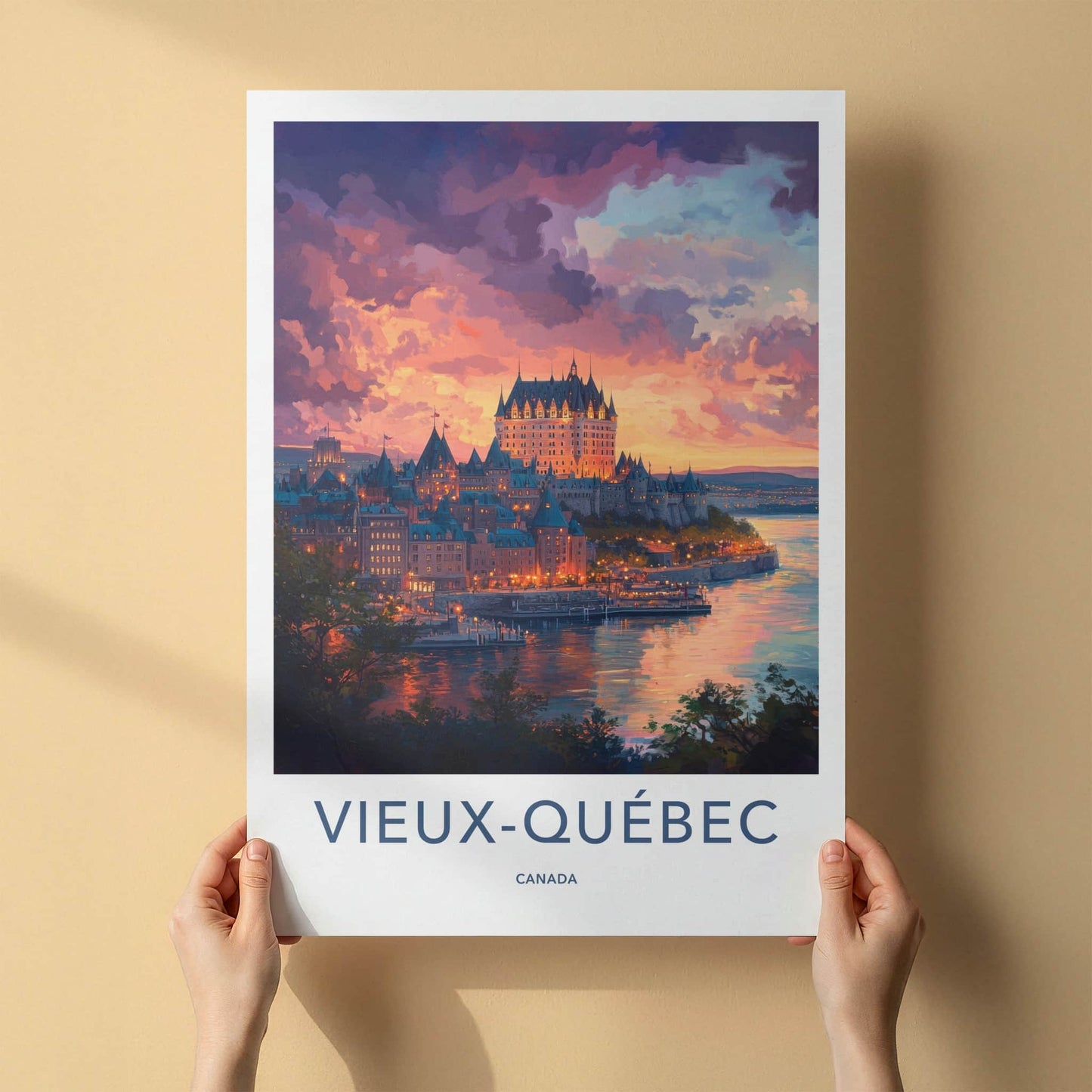 Vieux-Quebec Poster - Canada Travel Art - Waterfront Castle Lights Home Decor