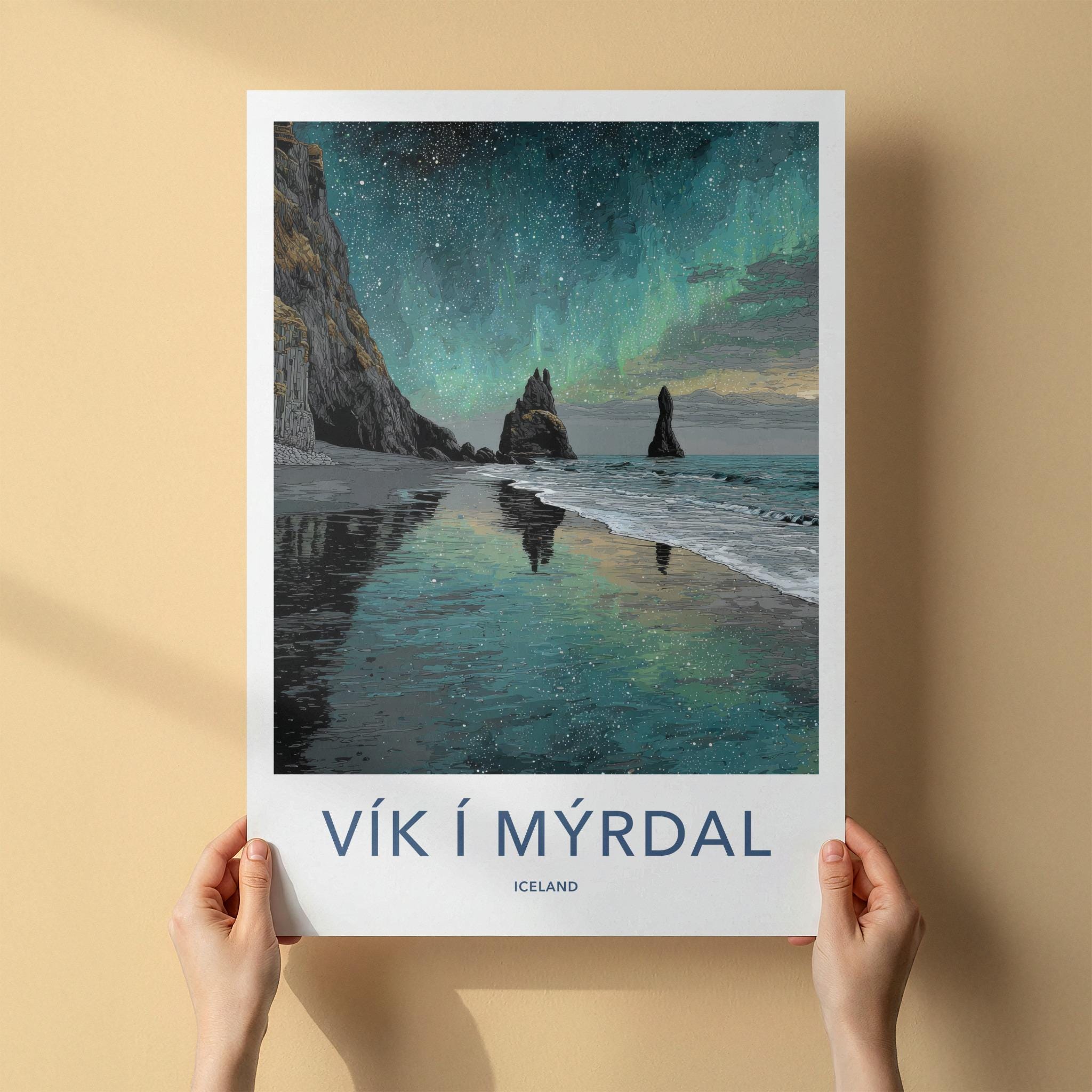 Vik i Myrdal Poster - Iceland Travel Art - Aurora Beach Stacks Home Decor