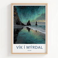Vik i Myrdal Poster - Iceland Travel Art - Aurora Beach Stacks Home Decor
