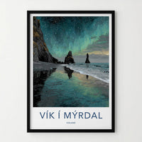 Vik i Myrdal Poster - Iceland Travel Art - Aurora Beach Stacks Home Decor