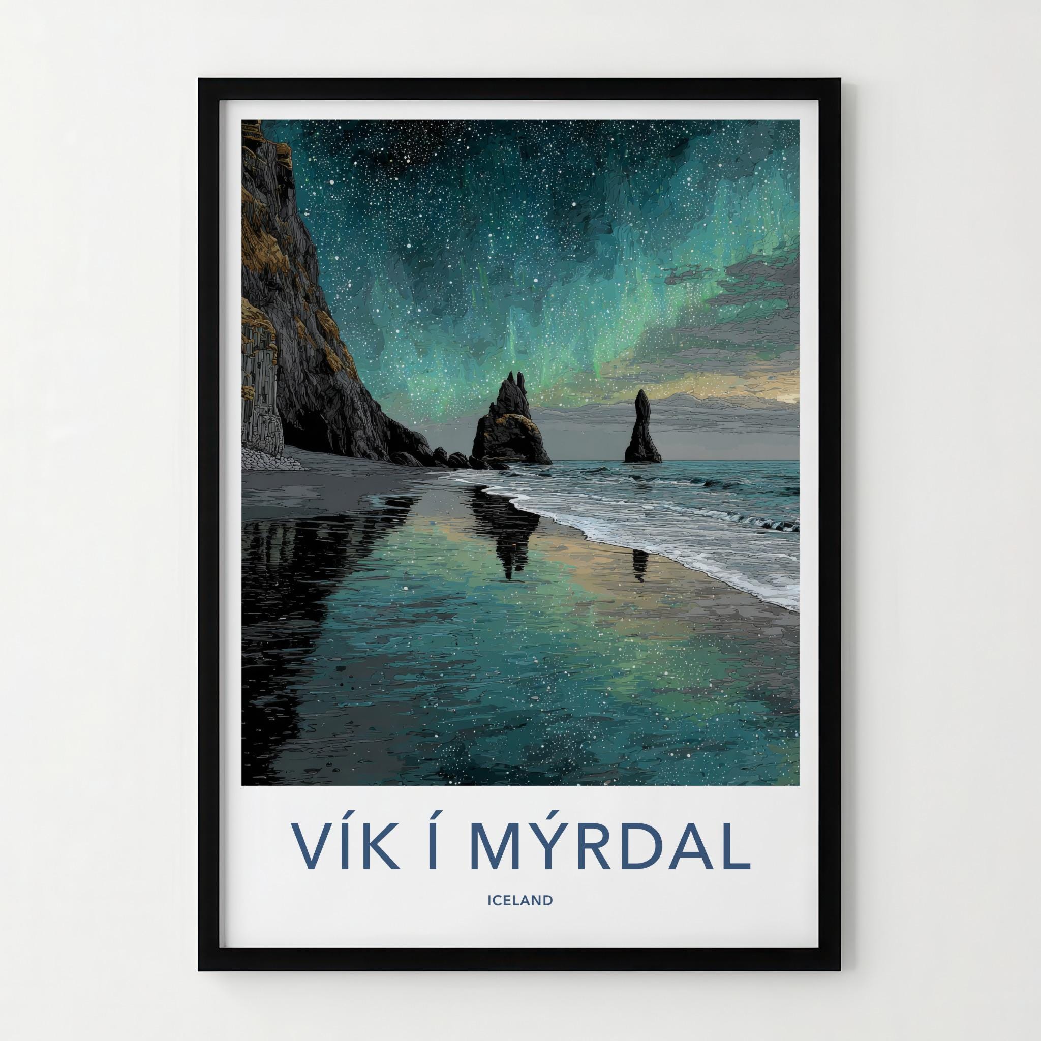 Vik i Myrdal Poster - Iceland Travel Art - Aurora Beach Stacks Home Decor