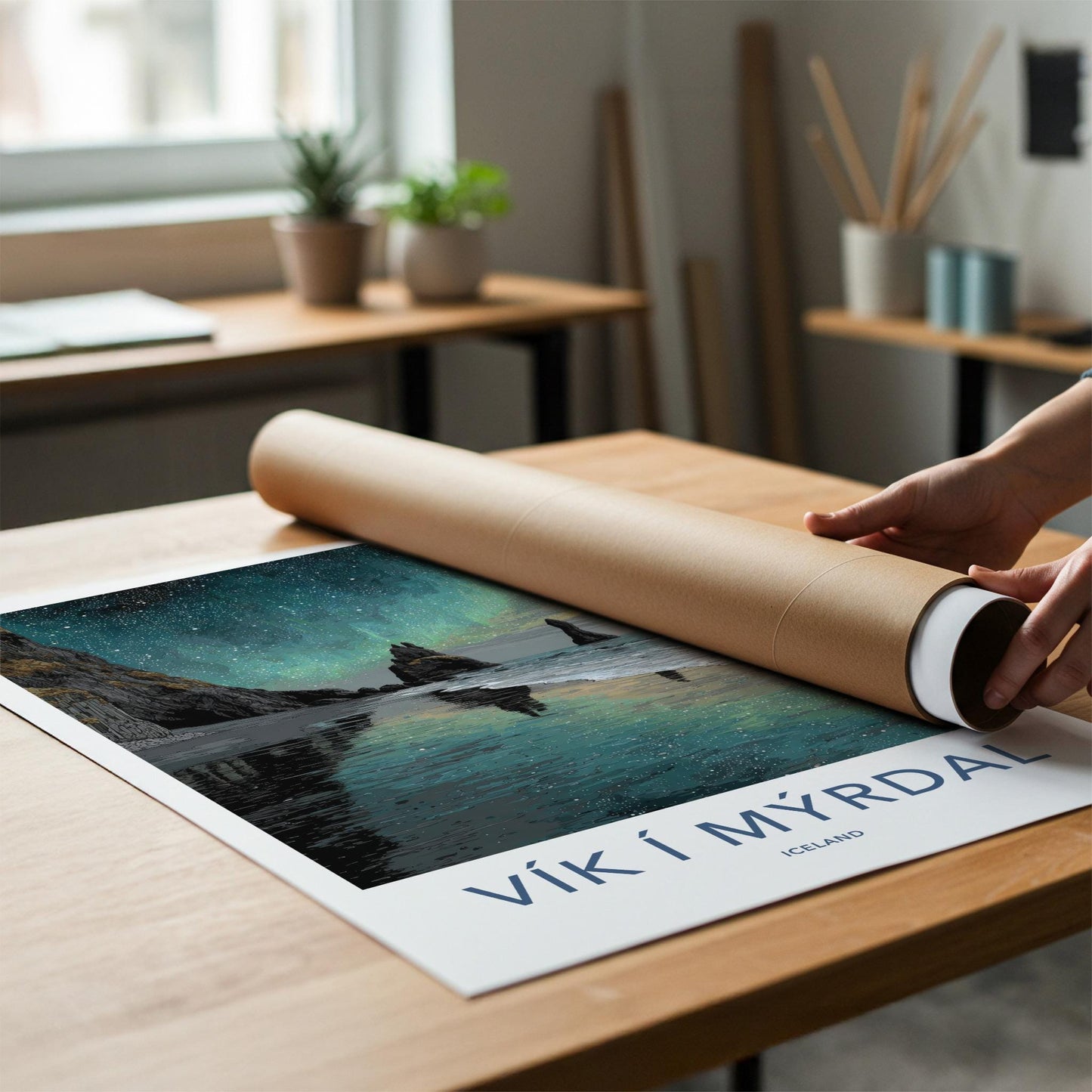 Vik i Myrdal Poster - Iceland Travel Art - Aurora Beach Stacks Home Decor