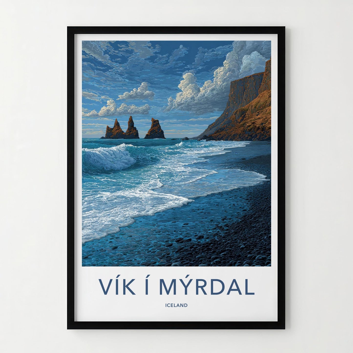 Vik I Myrdal Poster - Iceland Travel Art - Black Beach Sea Stacks Wall Decor