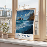 Vik I Myrdal Poster - Iceland Travel Art - Black Beach Sea Stacks Wall Decor
