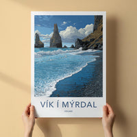 Vik i Myrdal Poster - Iceland Travel Art - Black Sand Sea Stacks Home Decor