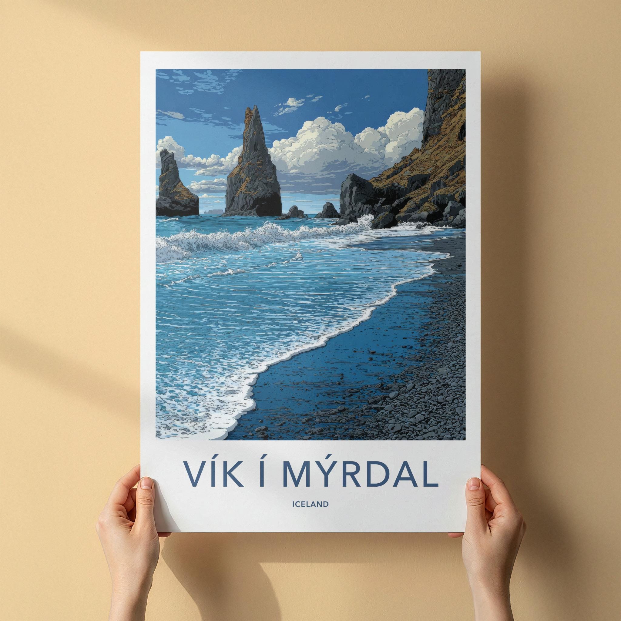 Vik i Myrdal Poster - Iceland Travel Art - Black Sand Sea Stacks Home Decor