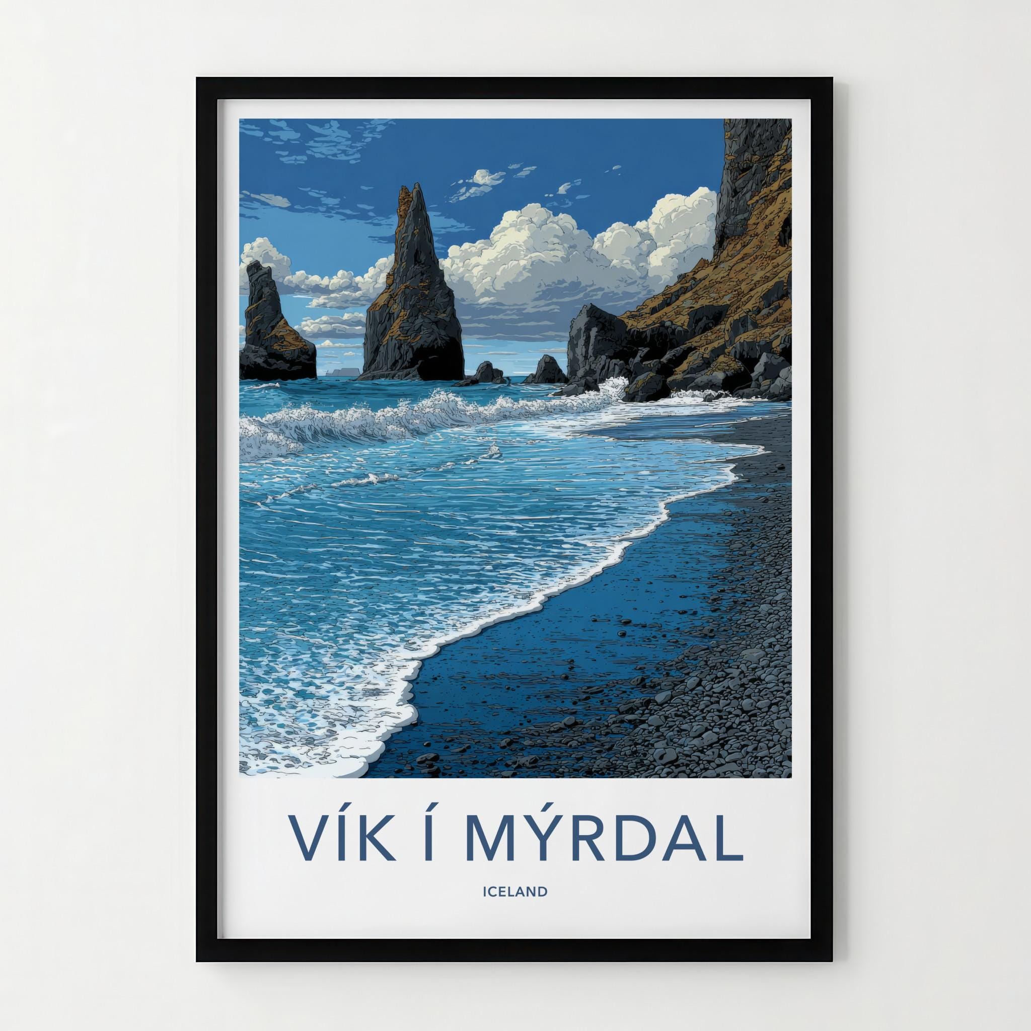 Vik i Myrdal Poster - Iceland Travel Art - Black Sand Sea Stacks Home Decor