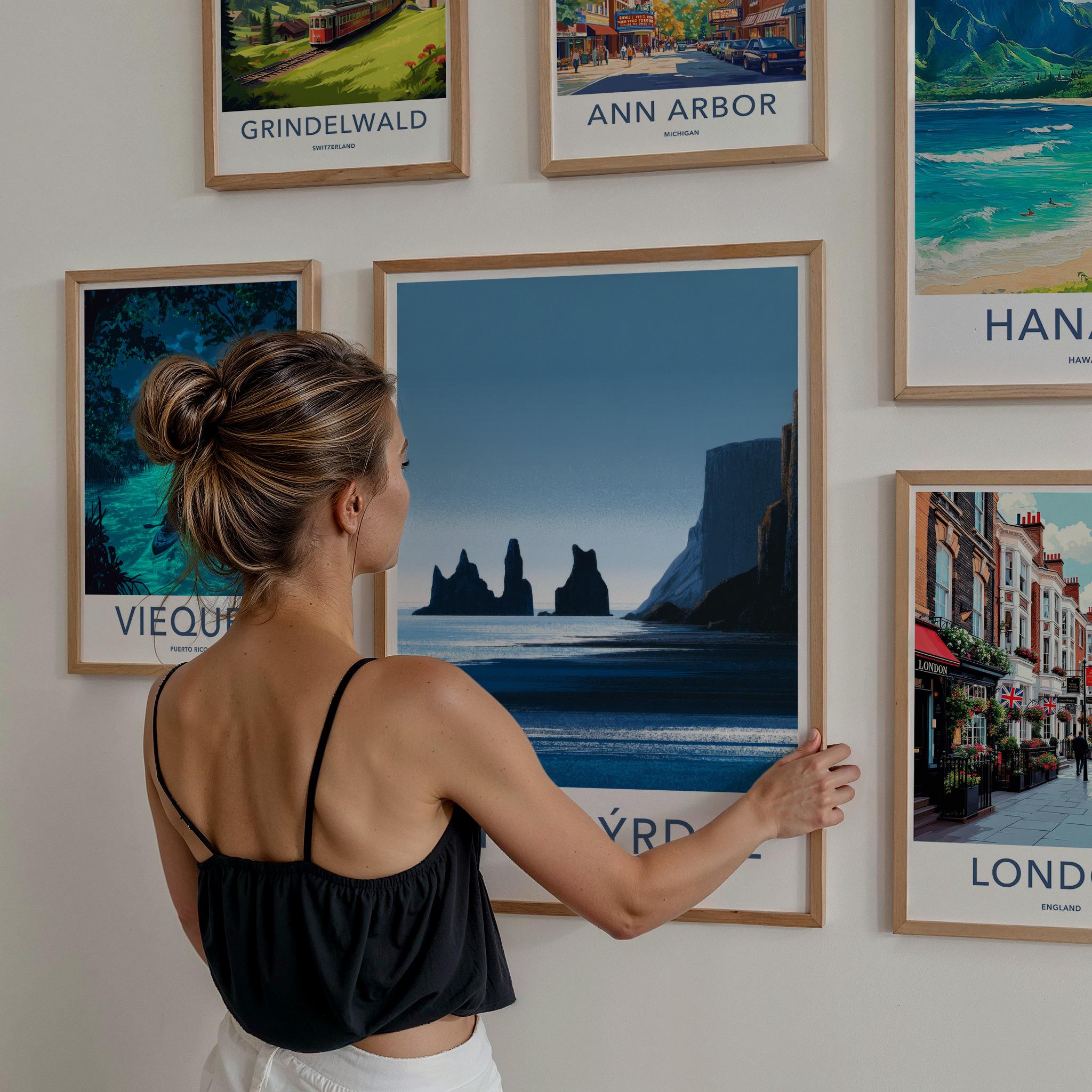 Vik i Myrdal Poster - Iceland Travel Art - Reynisdrangar Sea Stacks Home Decor
