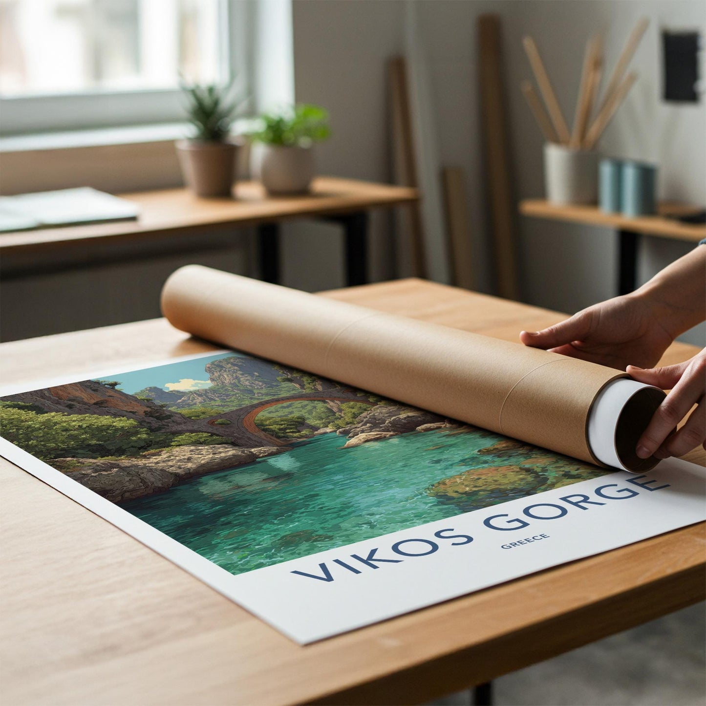 Vikos Gorge Poster - Greece Travel Art - Mountain River Bridge Home Decor