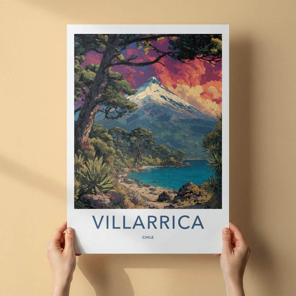Villarrica Poster - Chile Travel Art - Snow Capped Volcano Home Decor