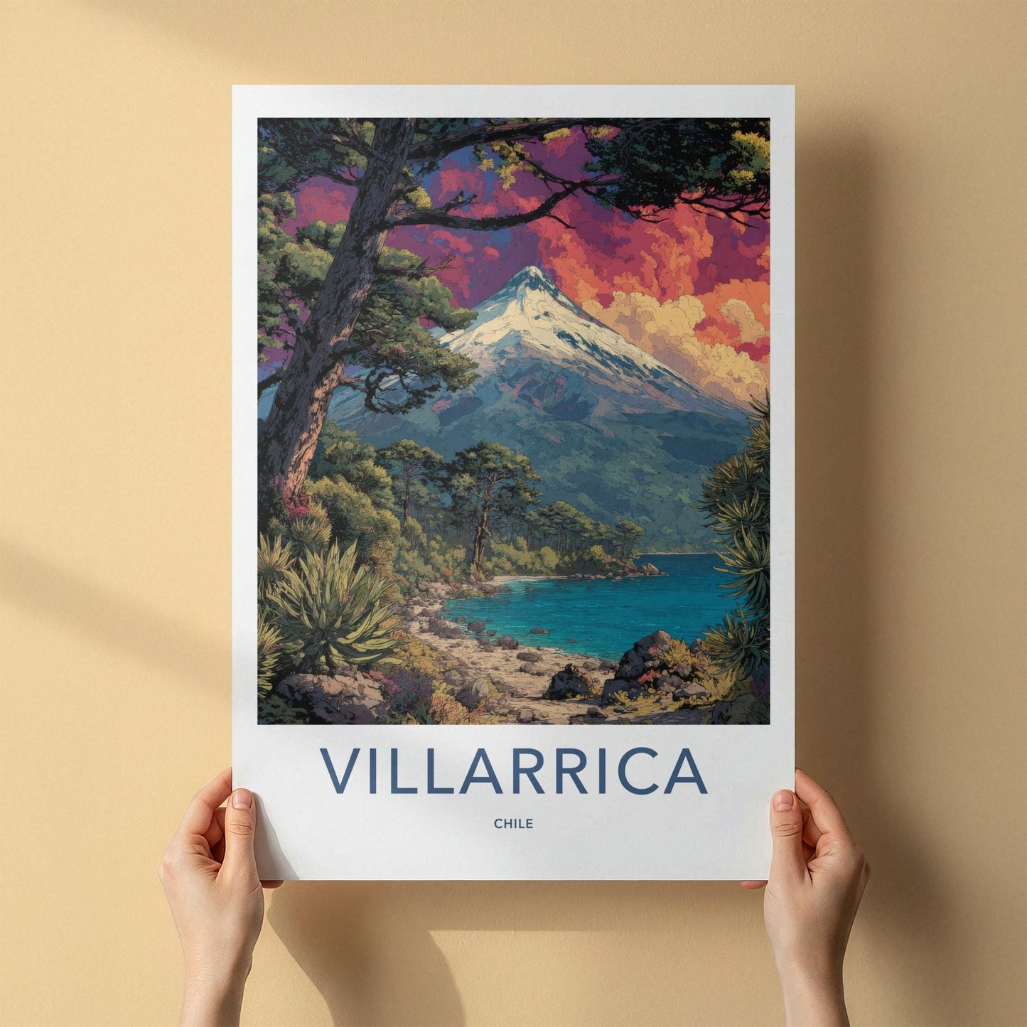 Villarrica Poster - Chile Travel Art - Snow Capped Volcano Home Decor