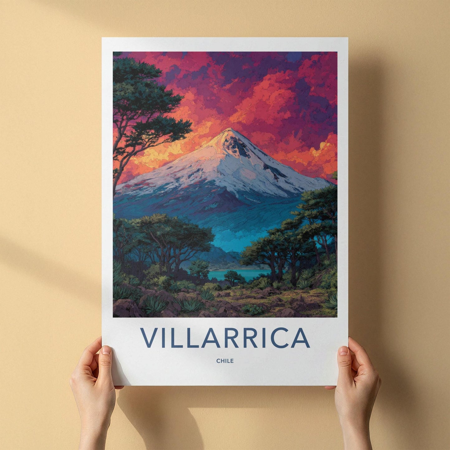 Villarrica Poster - Chile Travel Art - Sunset Volcano Lake Home Decor