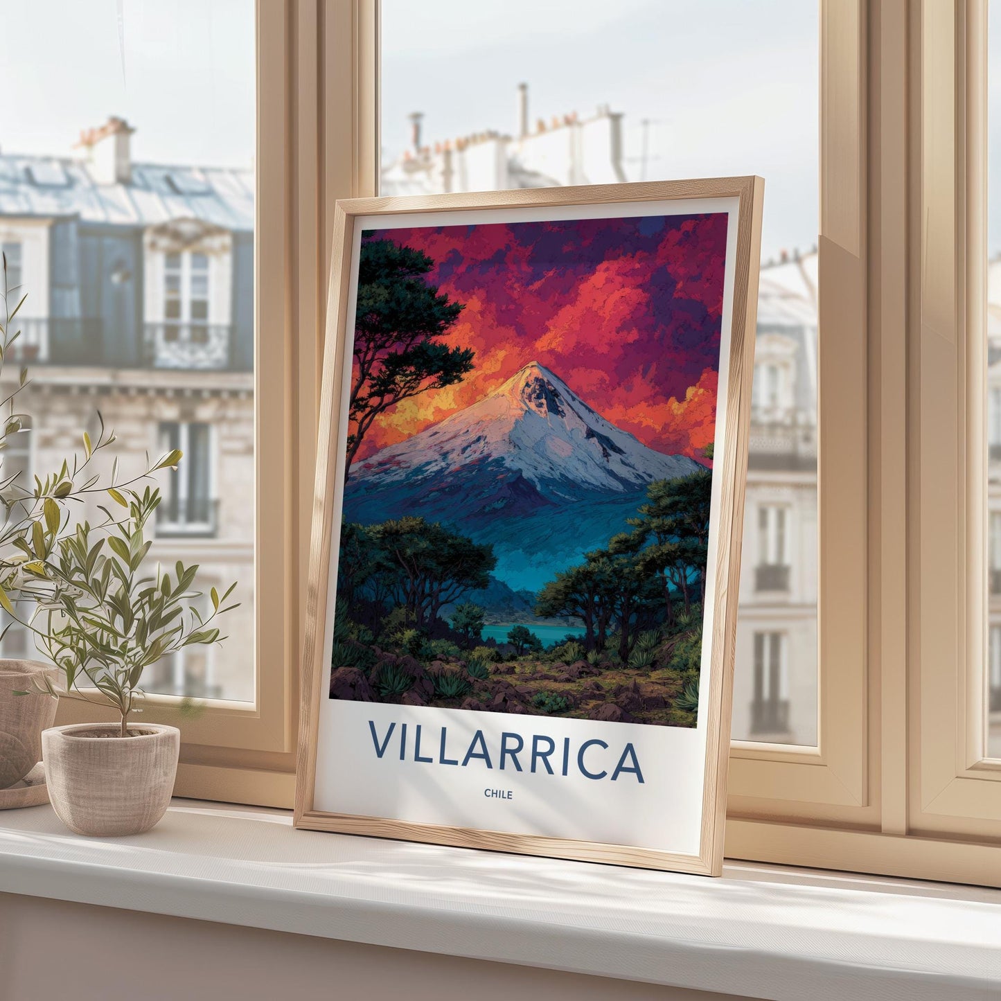 Villarrica Poster - Chile Travel Art - Sunset Volcano Lake Home Decor