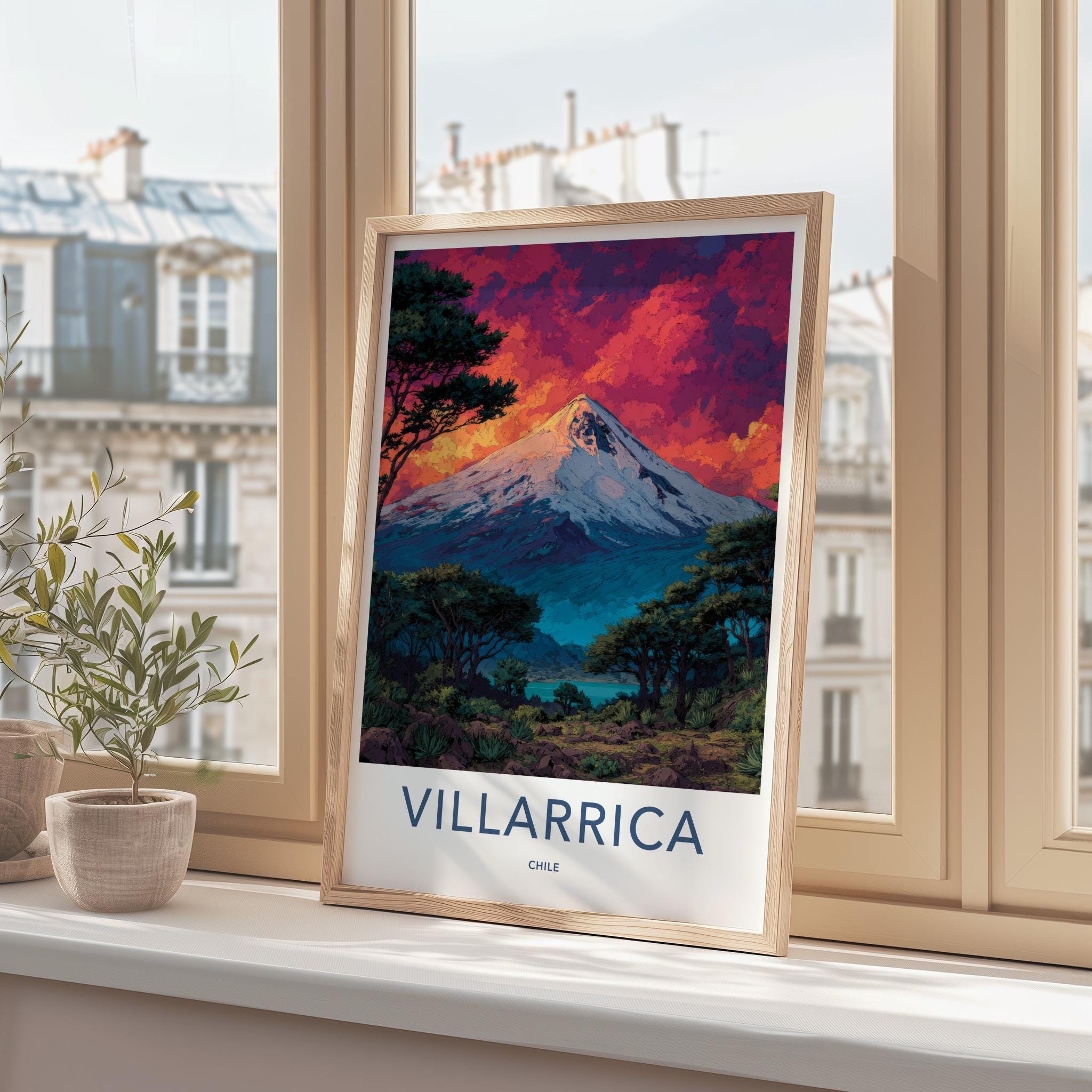 Villarrica Poster - Chile Travel Art - Sunset Volcano Lake Home Decor