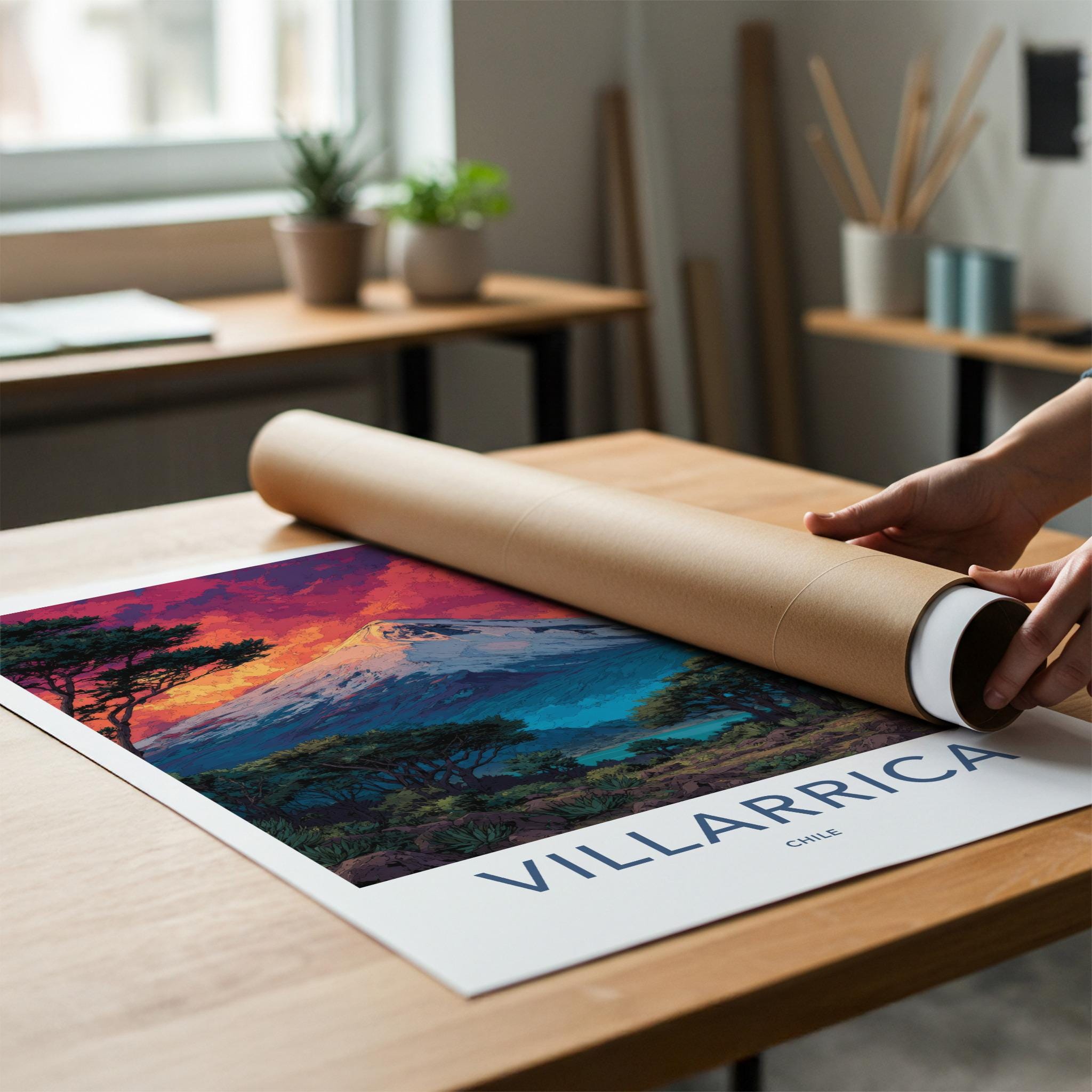 Villarrica Poster - Chile Travel Art - Sunset Volcano Lake Home Decor