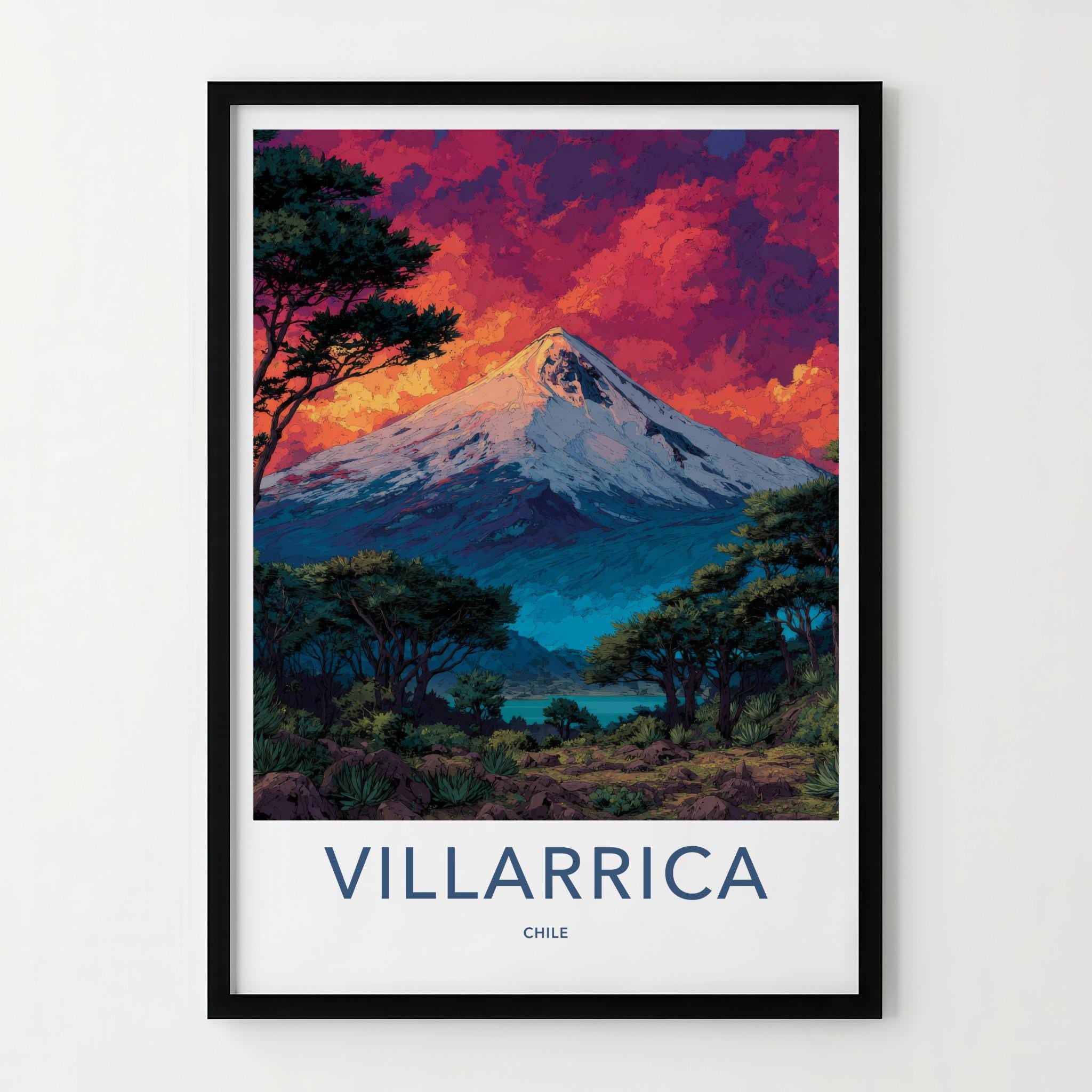 Villarrica Poster - Chile Travel Art - Sunset Volcano Lake Home Decor