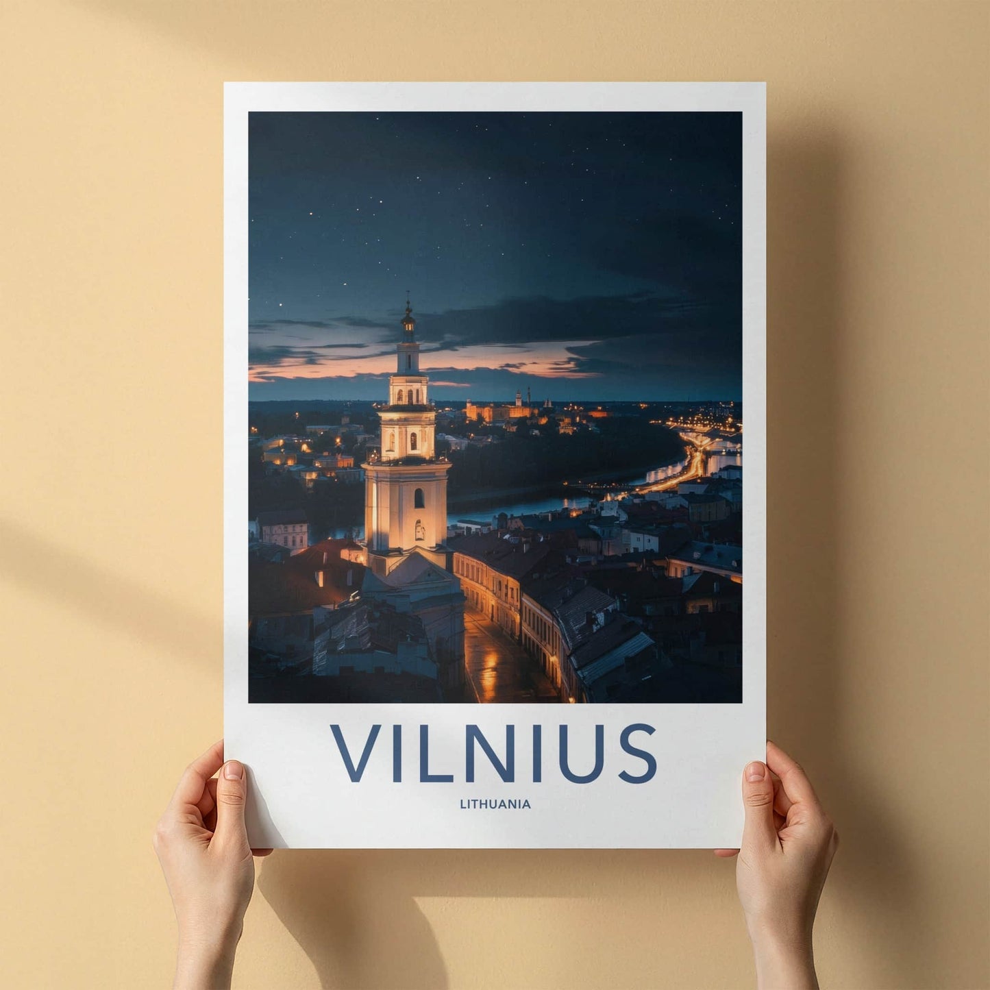 Vilnius Poster - Lithuania Travel Art - Illuminated City Night Home Decor