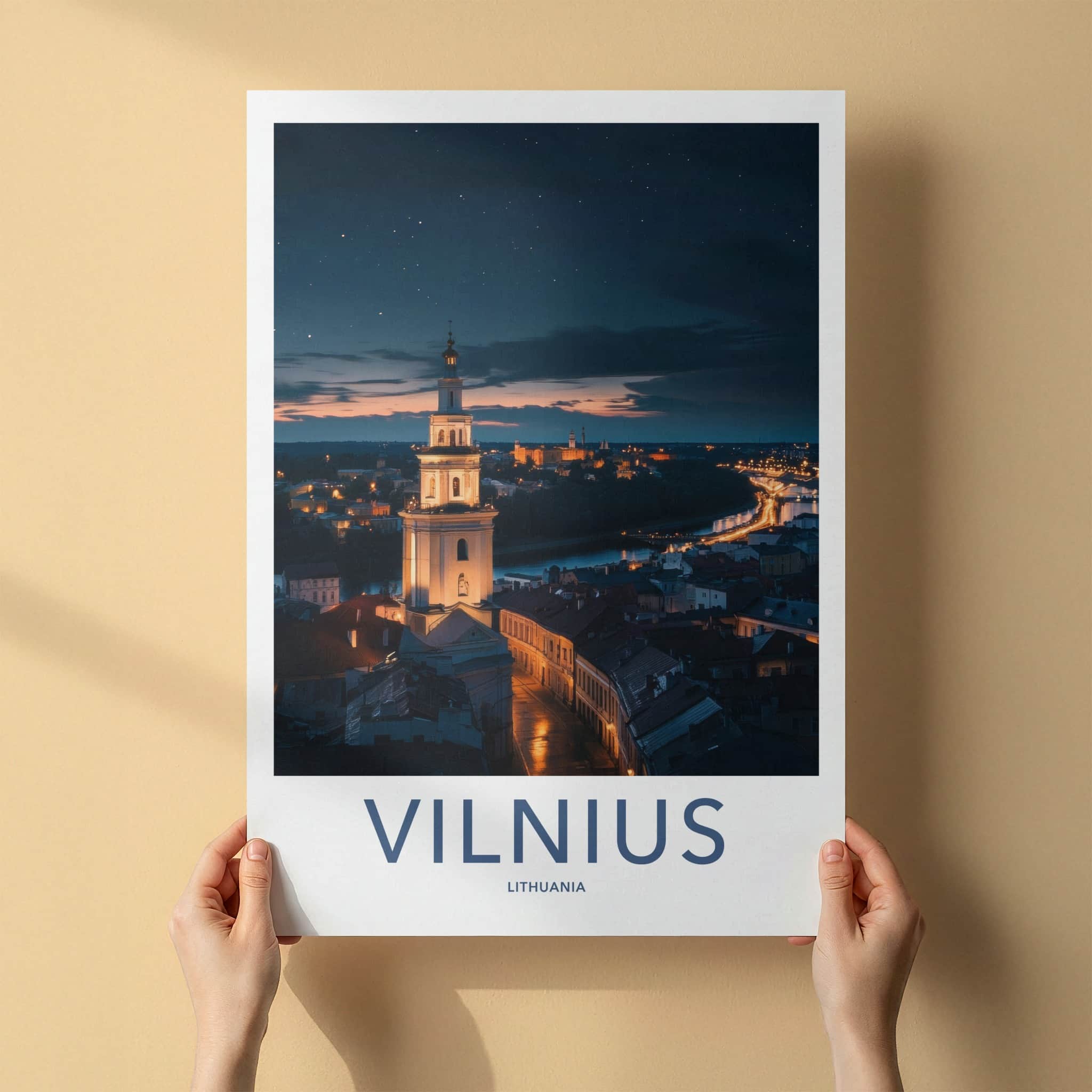 Vilnius Poster - Lithuania Travel Art - Illuminated City Night Home Decor