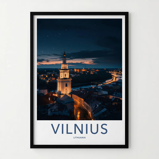 Vilnius Poster - Lithuania Travel Art - Illuminated City Night Home Decor