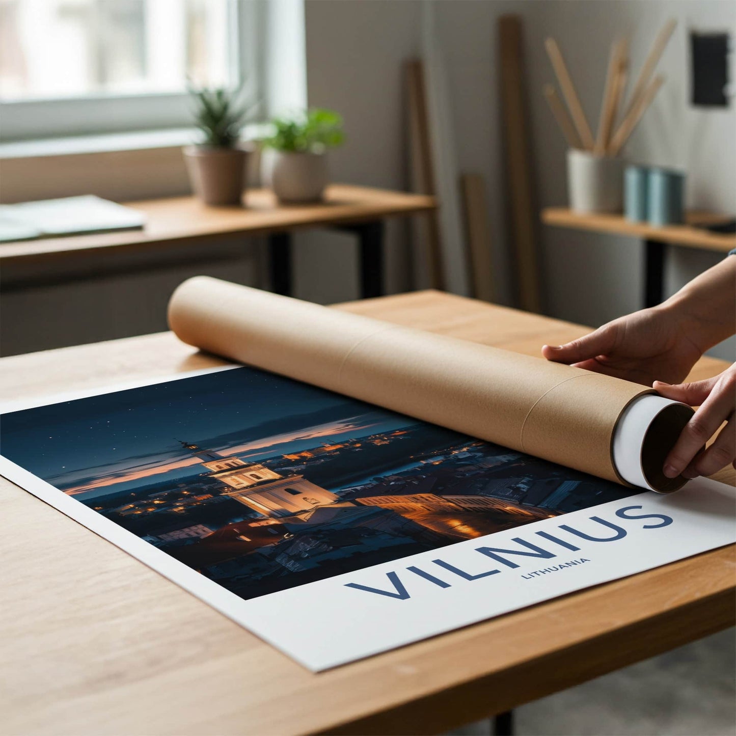 Vilnius Poster - Lithuania Travel Art - Illuminated City Night Home Decor