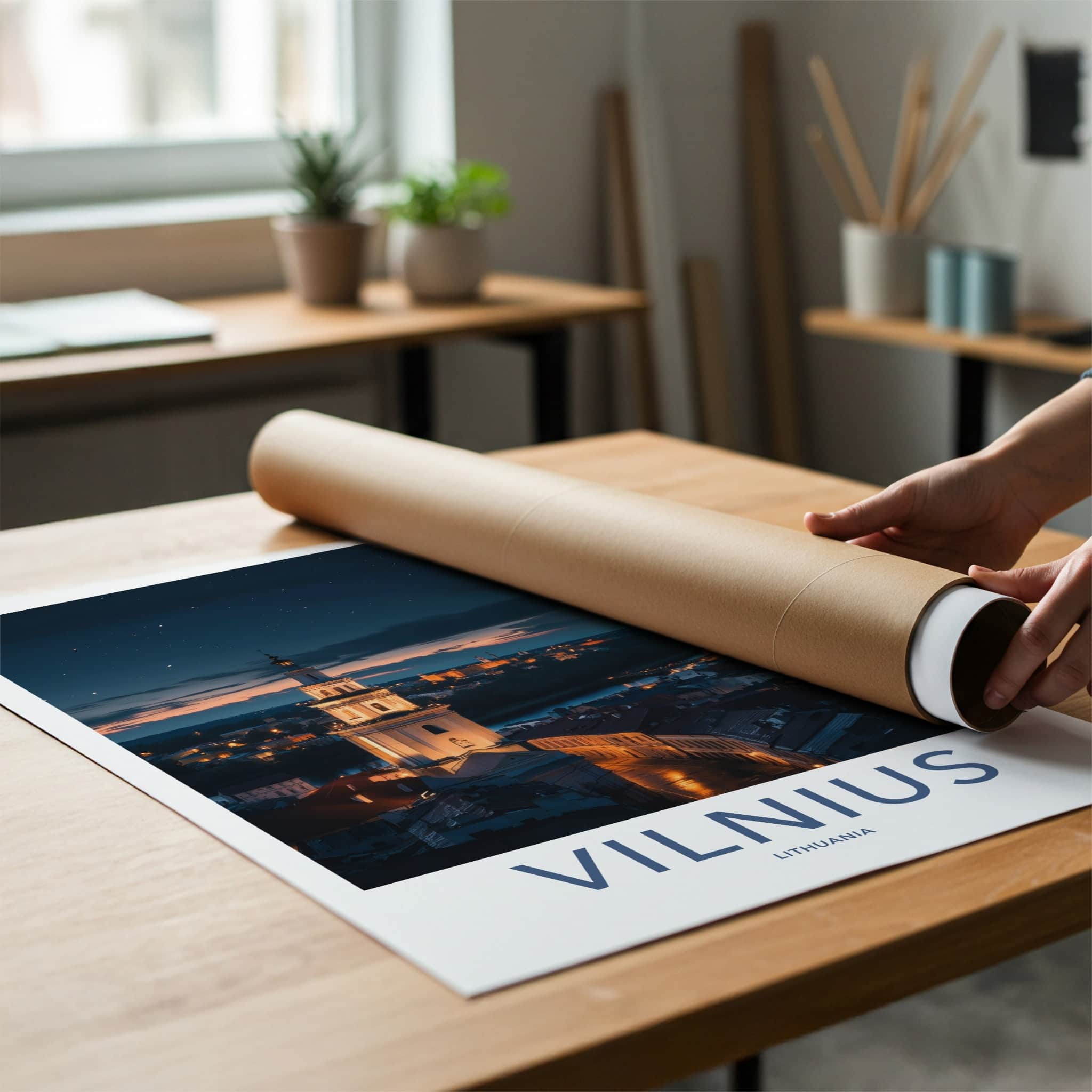 Vilnius Poster - Lithuania Travel Art - Illuminated City Night Home Decor