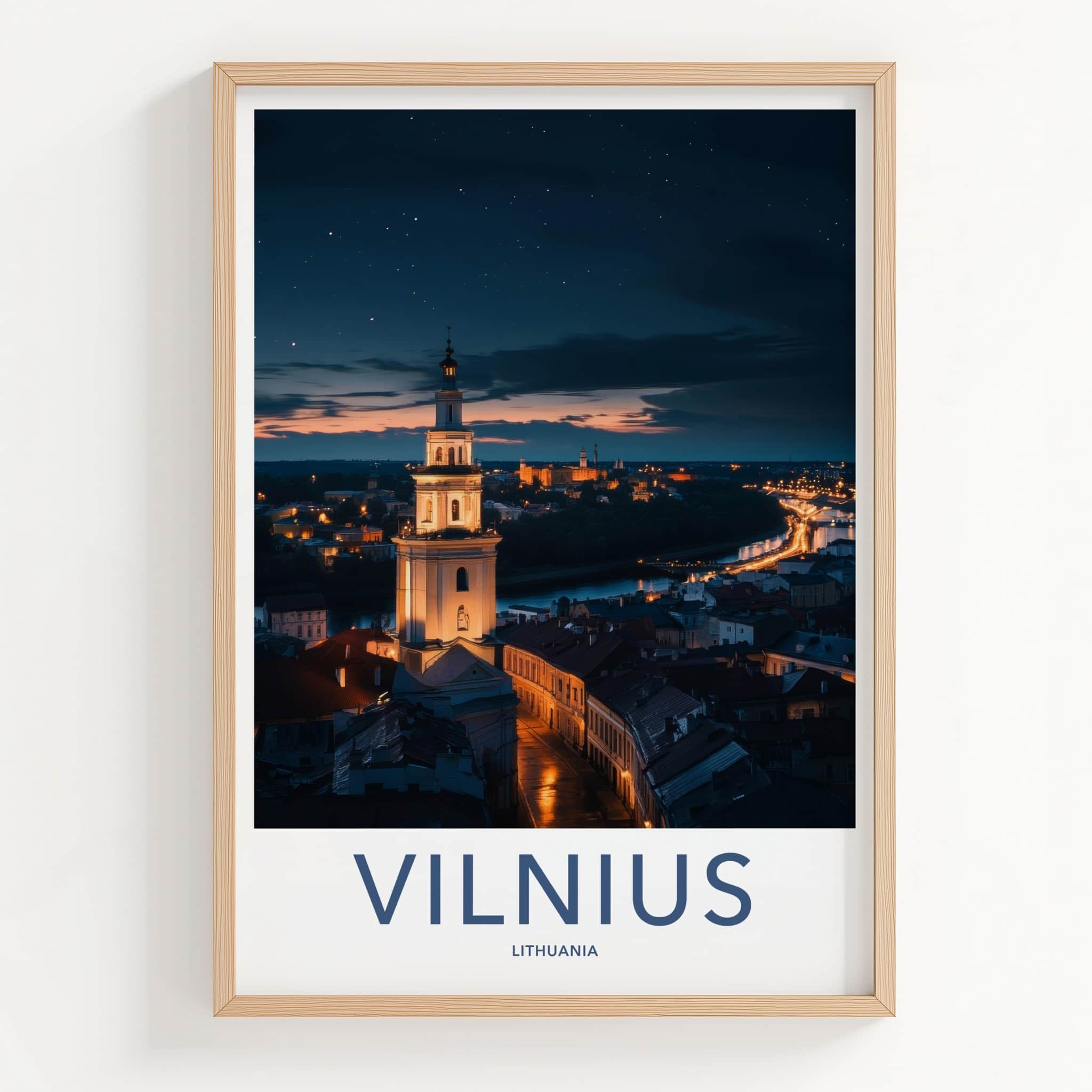 Vilnius Poster - Lithuania Travel Art - Illuminated City Night Home Decor