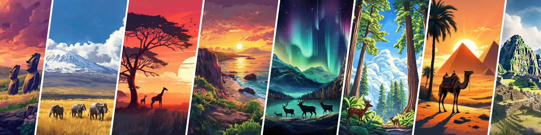 A curated collage of vintage travel posters featuring global landmarks including the Egyptian pyramids, northern lights, African savanna, and Machu Picchu.