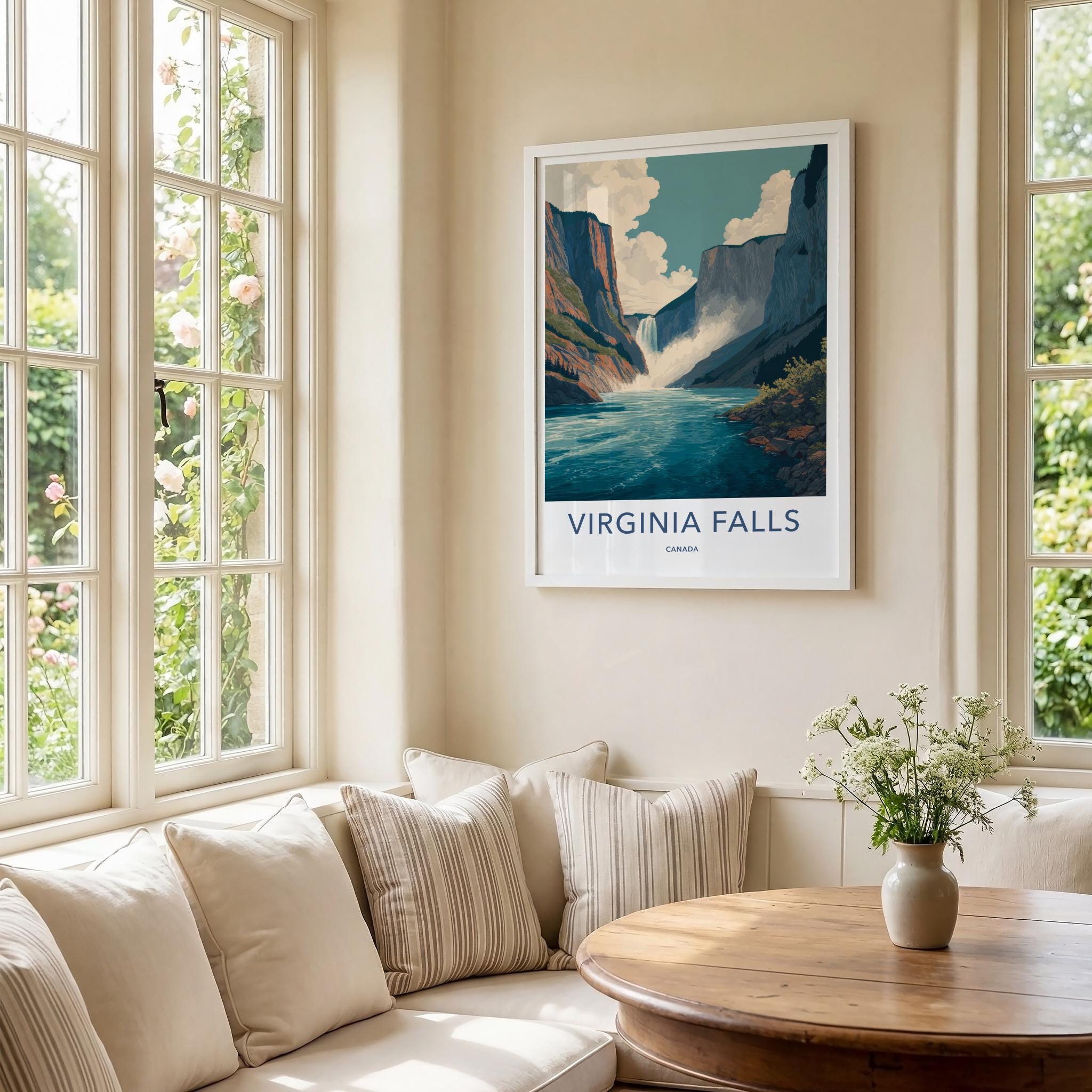 Virginia Falls Poster - Canada Travel Art - Massive Waterfall Canyon Wall Decor