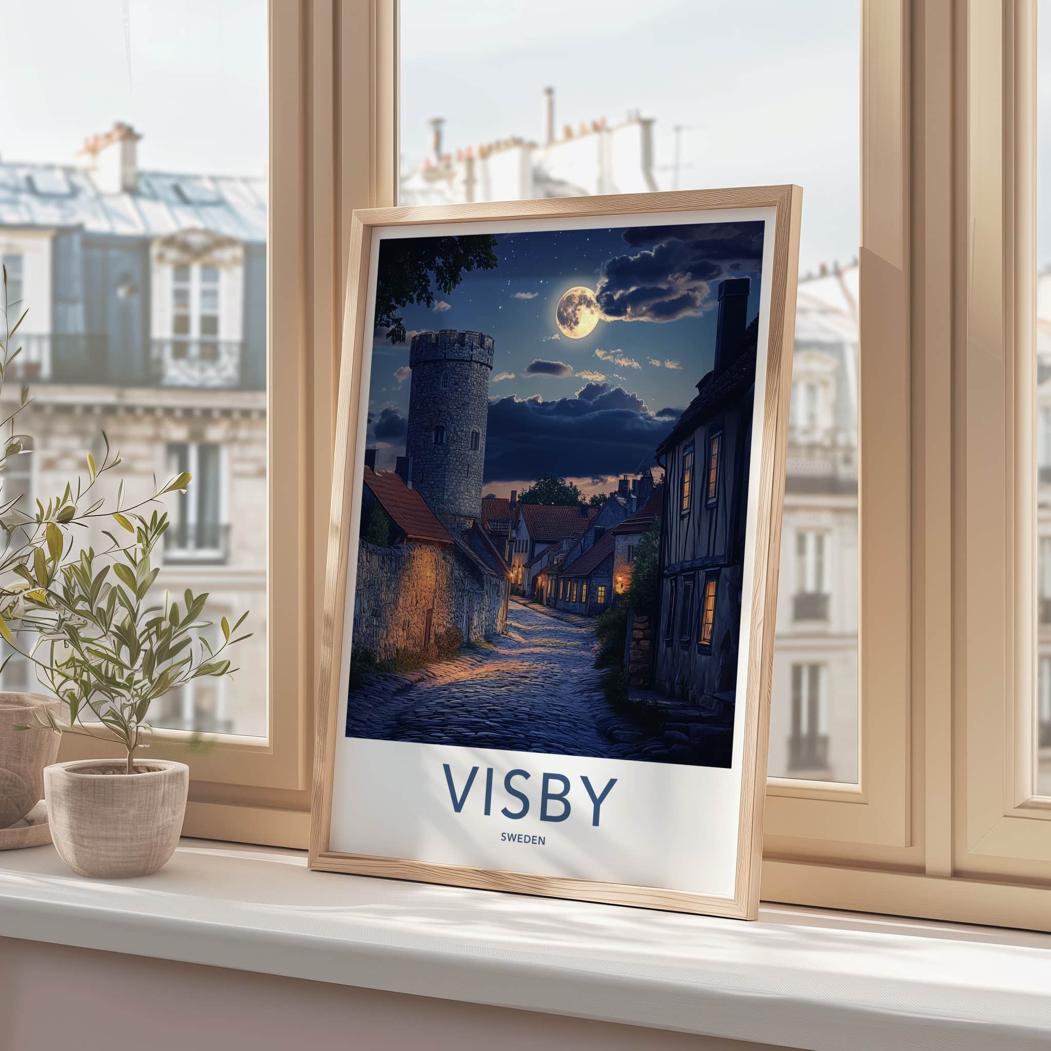 Visby Poster - Sweden Wall Art - Moonlit Cobblestone Street Home Decor