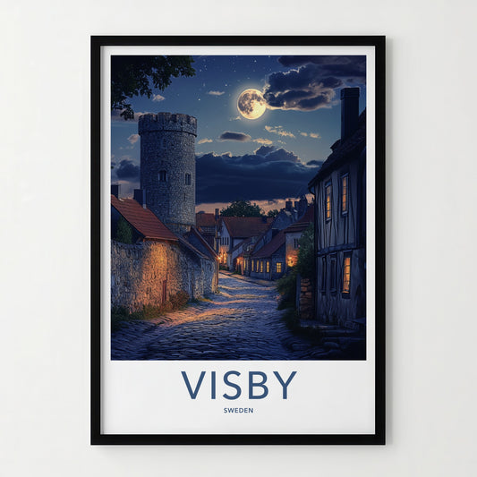 Visby Poster - Sweden Wall Art - Moonlit Cobblestone Street Home Decor