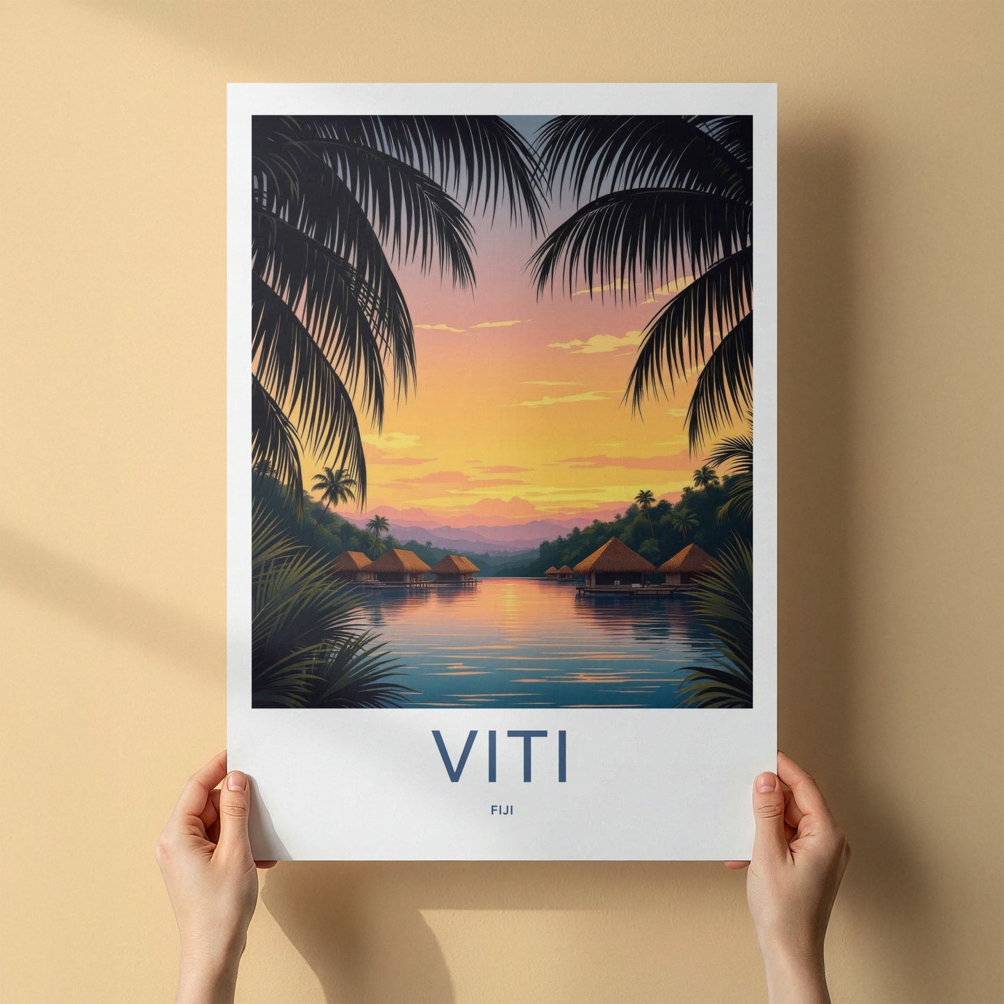 Viti Poster - Fiji Travel Art - Tropical Sunset Bungalows Home Decor
