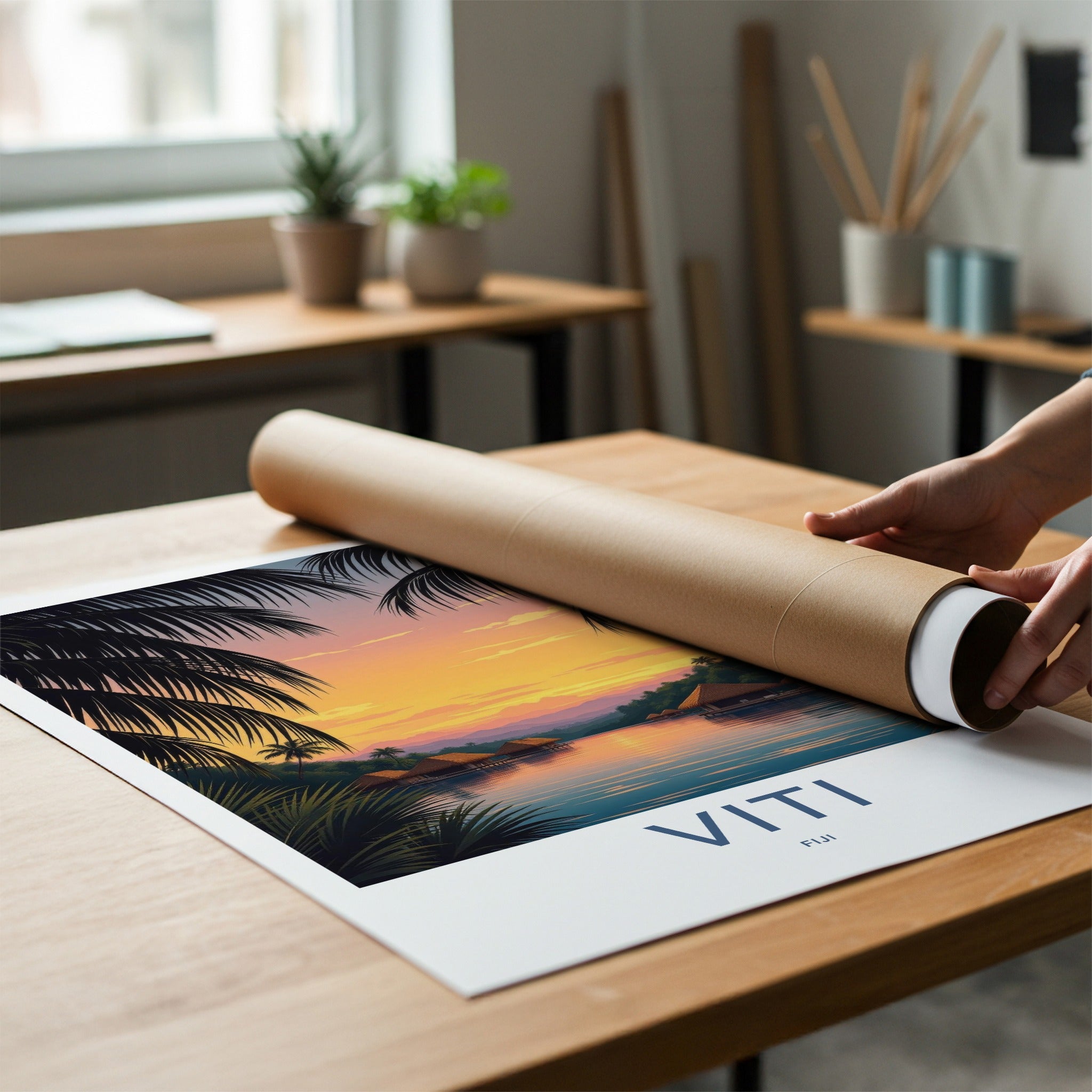 Viti Poster - Fiji Travel Art - Tropical Sunset Bungalows Home Decor