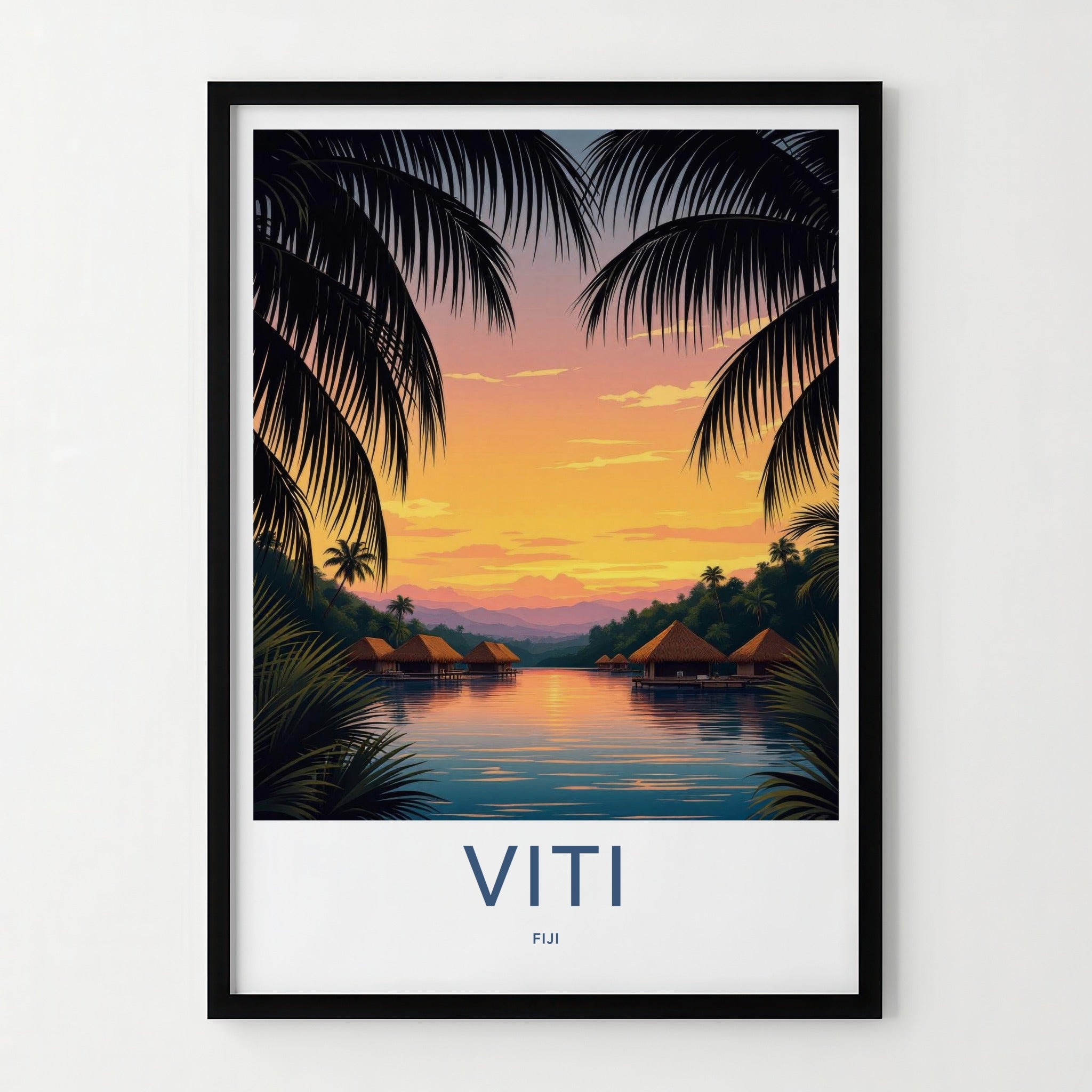 Viti Poster - Fiji Travel Art - Tropical Sunset Bungalows Home Decor