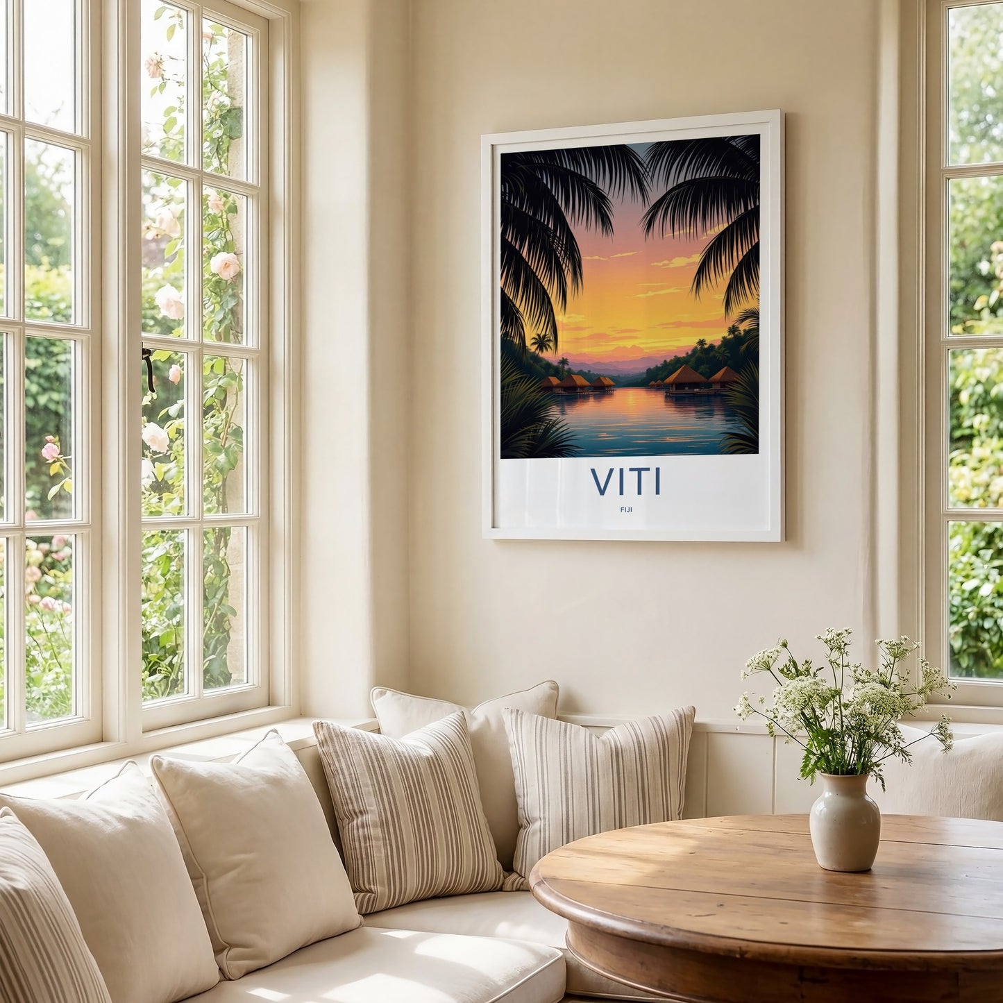 Viti Poster - Fiji Travel Art - Tropical Sunset Bungalows Home Decor