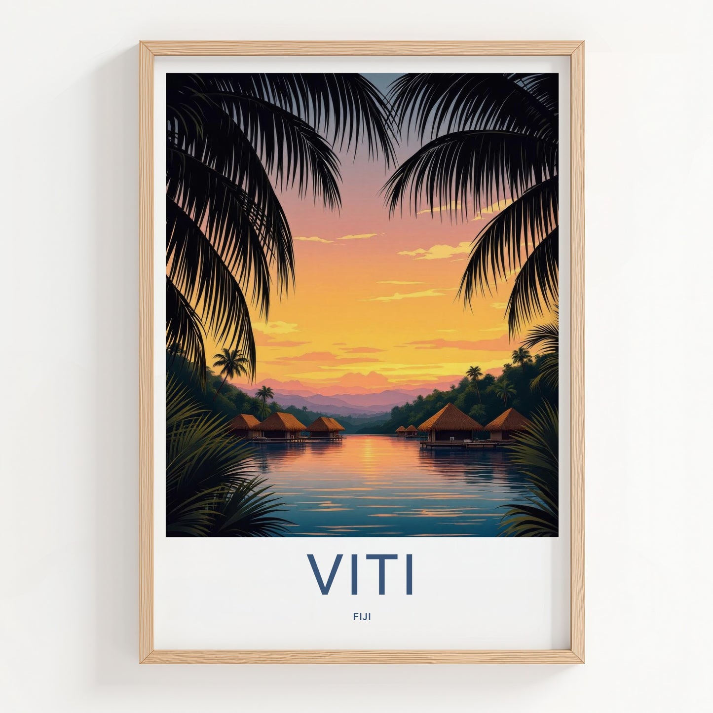 Viti Poster - Fiji Travel Art - Tropical Sunset Bungalows Home Decor