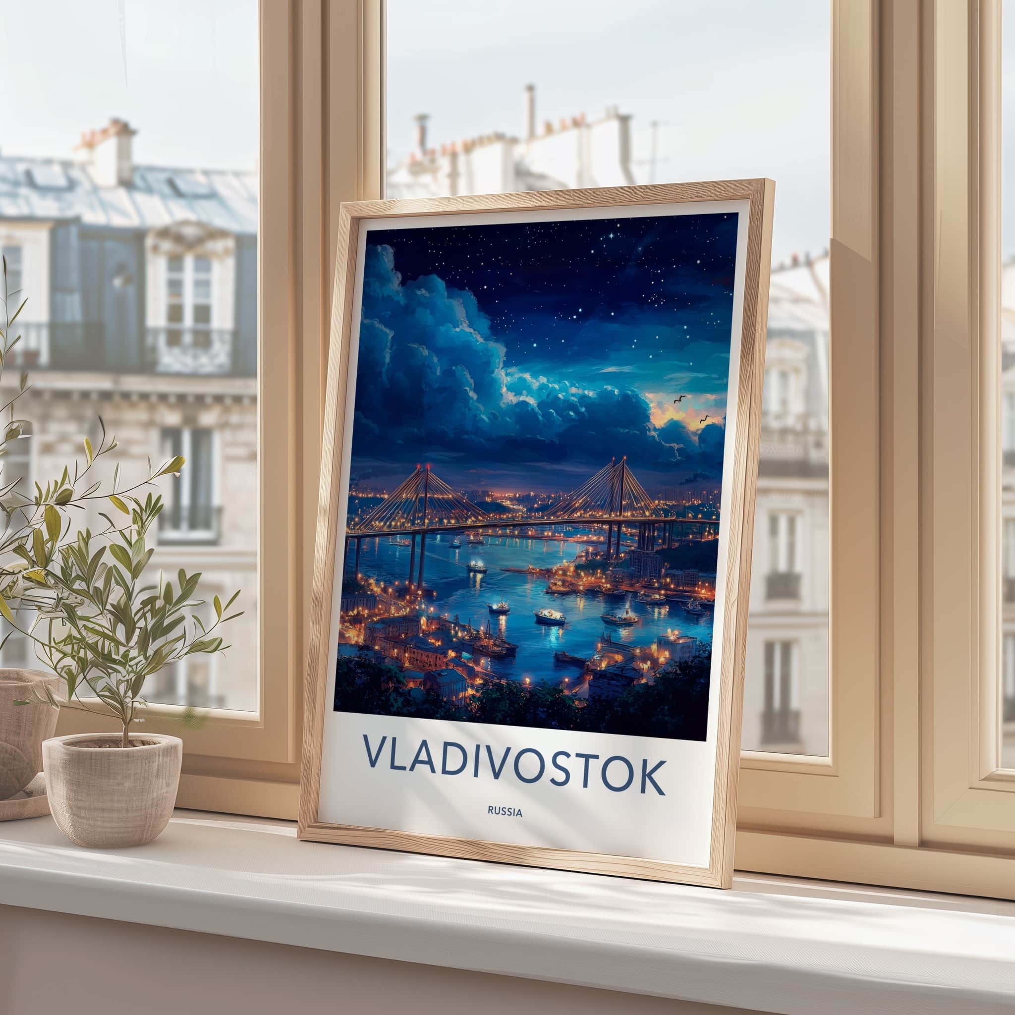 Vladivostok Poster - Russia Travel Art - Starry Night Bridge Home Decor
