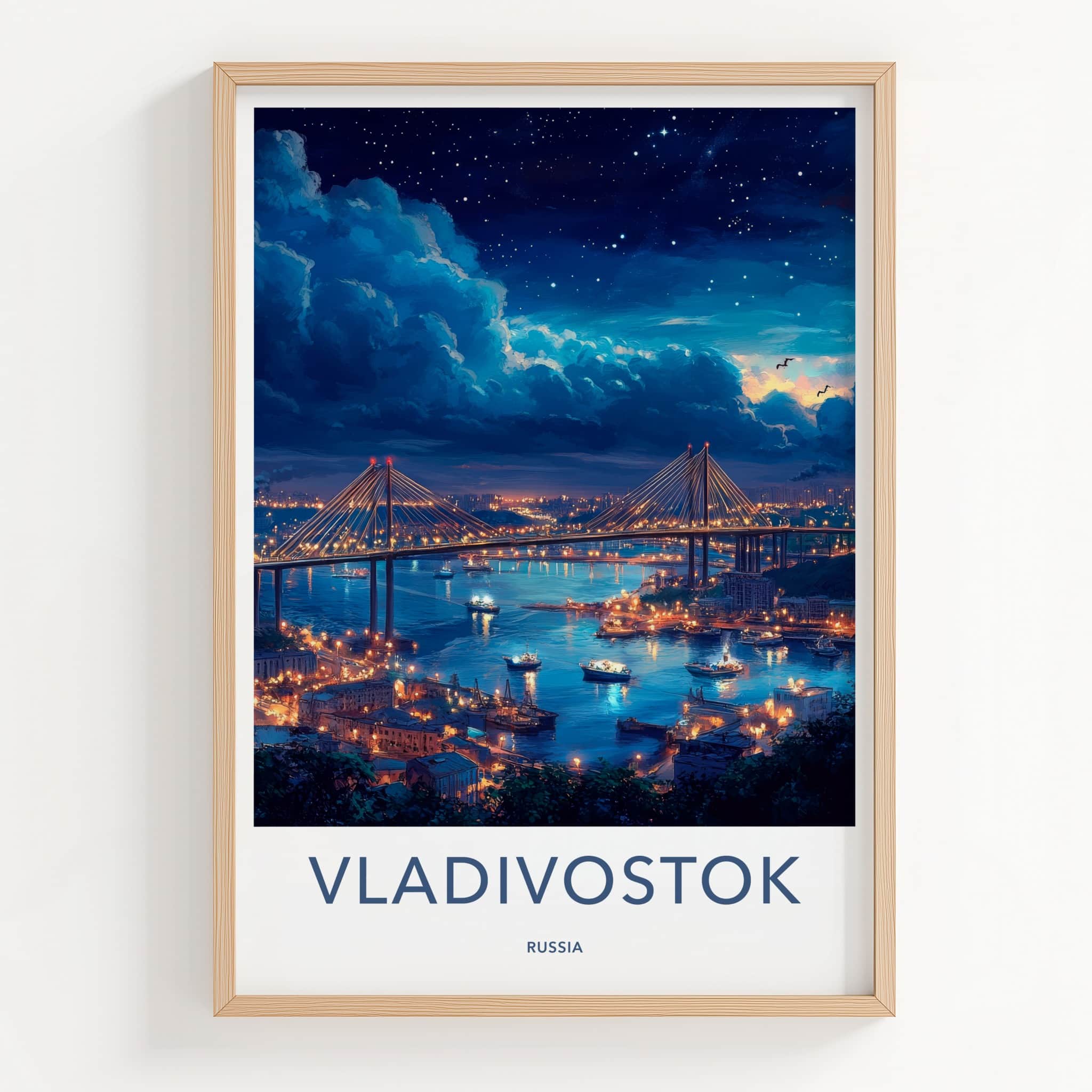 Vladivostok Poster - Russia Travel Art - Starry Night Bridge Home Decor