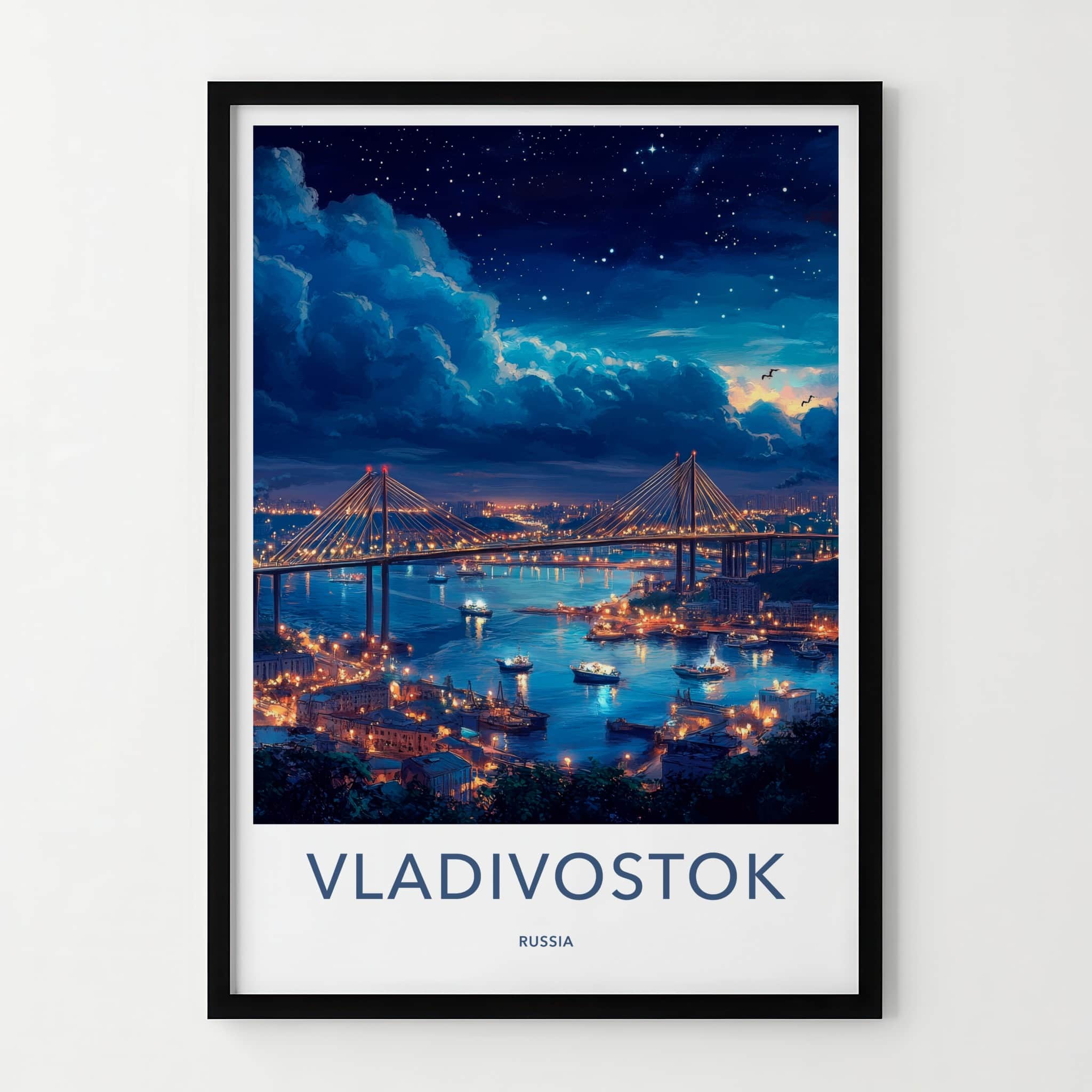 Vladivostok Poster - Russia Travel Art - Starry Night Bridge Home Decor