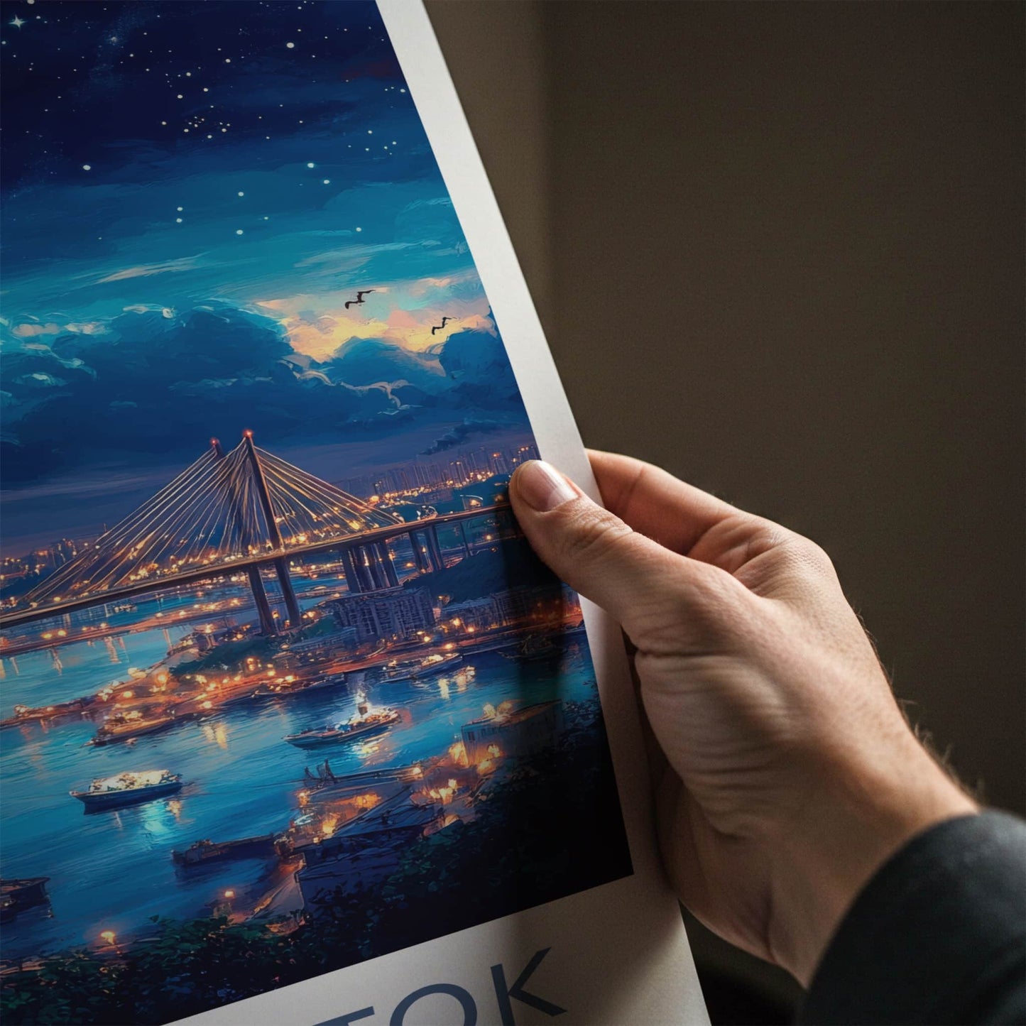 Vladivostok Poster - Russia Travel Art - Starry Night Bridge Home Decor