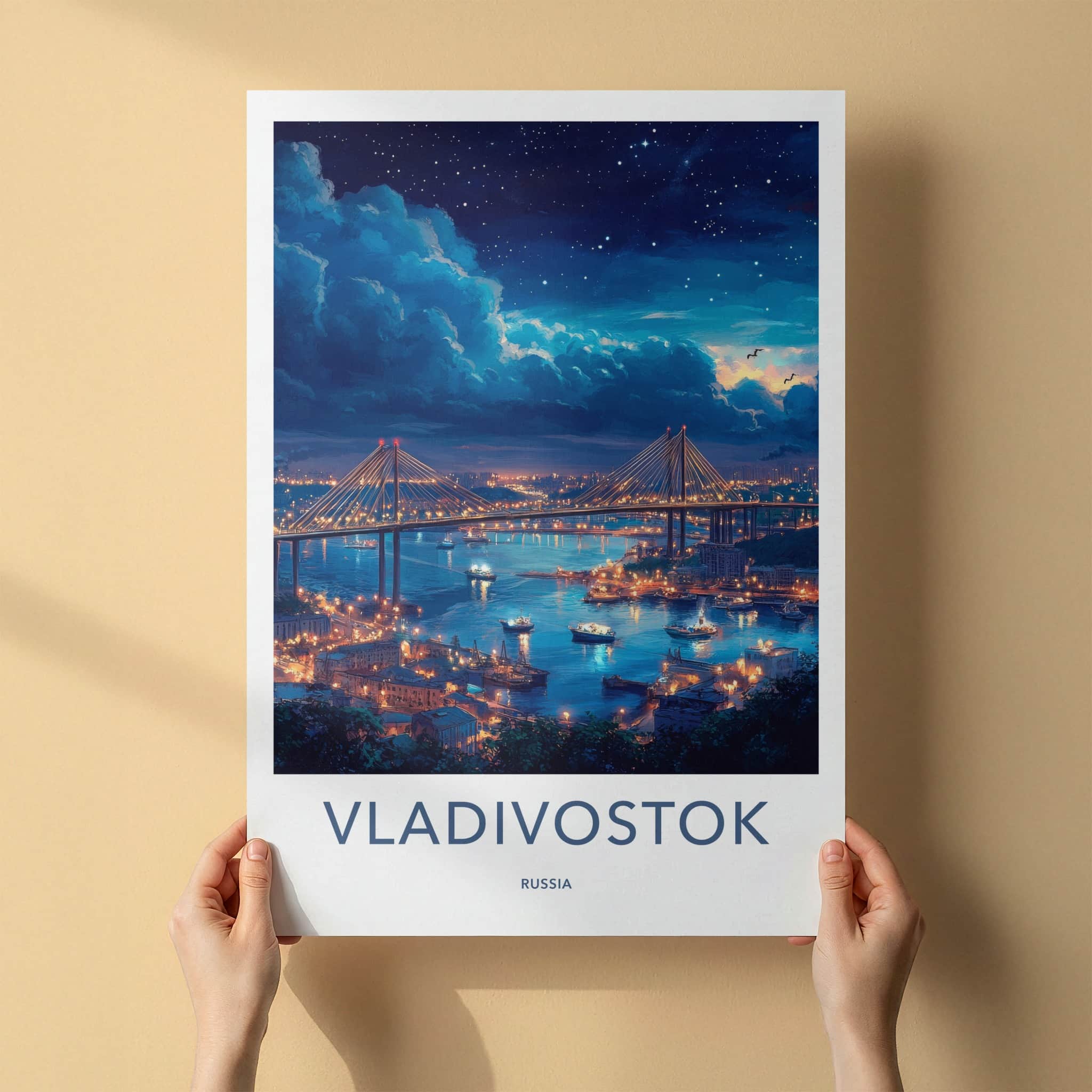 Vladivostok Poster - Russia Travel Art - Starry Night Bridge Home Decor