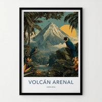 Volcan Arenal Poster - Costa Rica Travel Art - Rainforest Volcano Macaws Home Decor