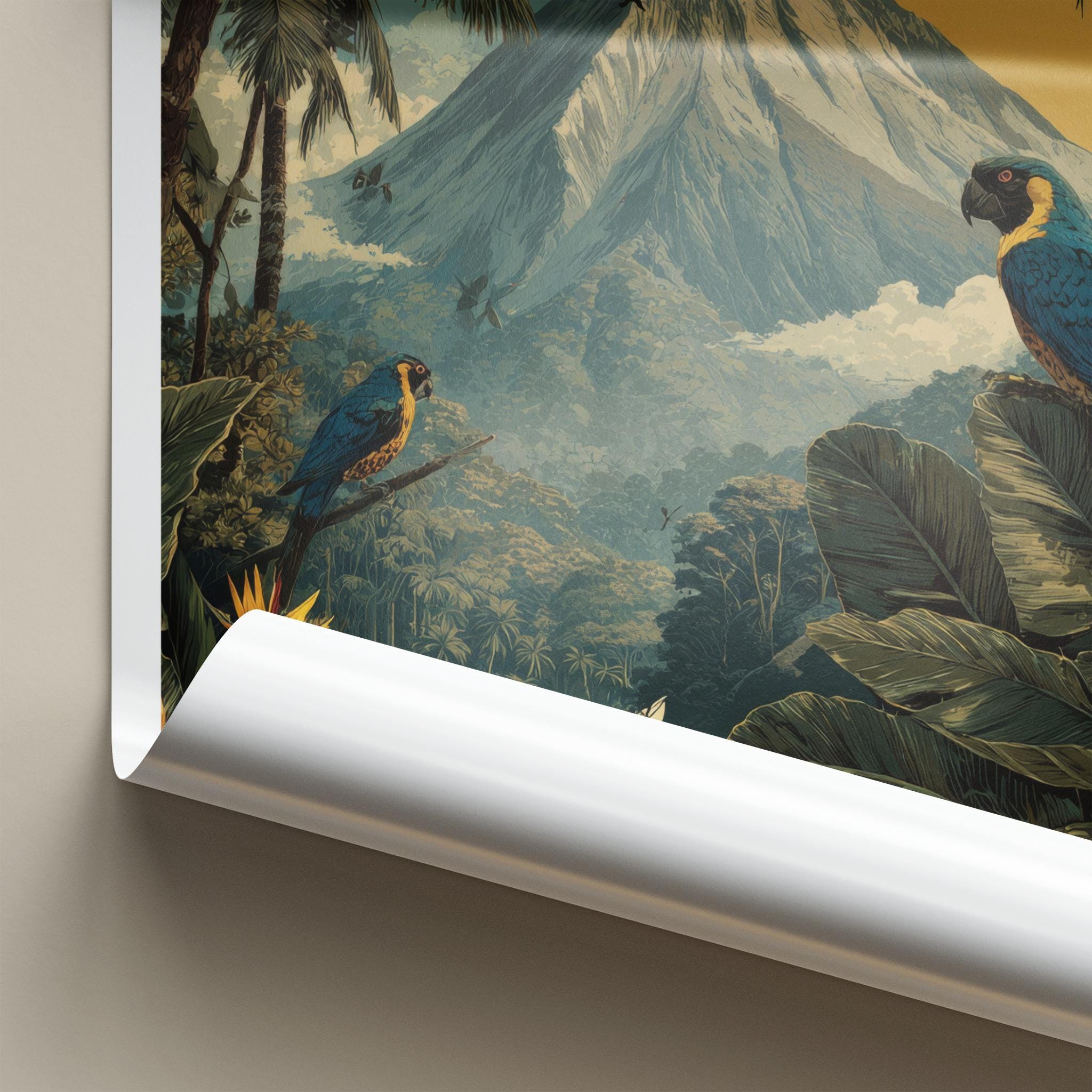 Volcan Arenal Poster - Costa Rica Travel Art - Rainforest Volcano Macaws Home Decor