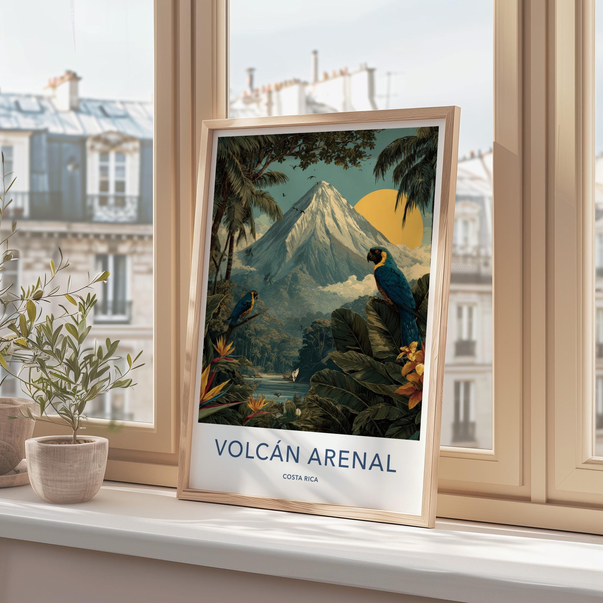Volcan Arenal Poster - Costa Rica Travel Art - Rainforest Volcano Macaws Home Decor