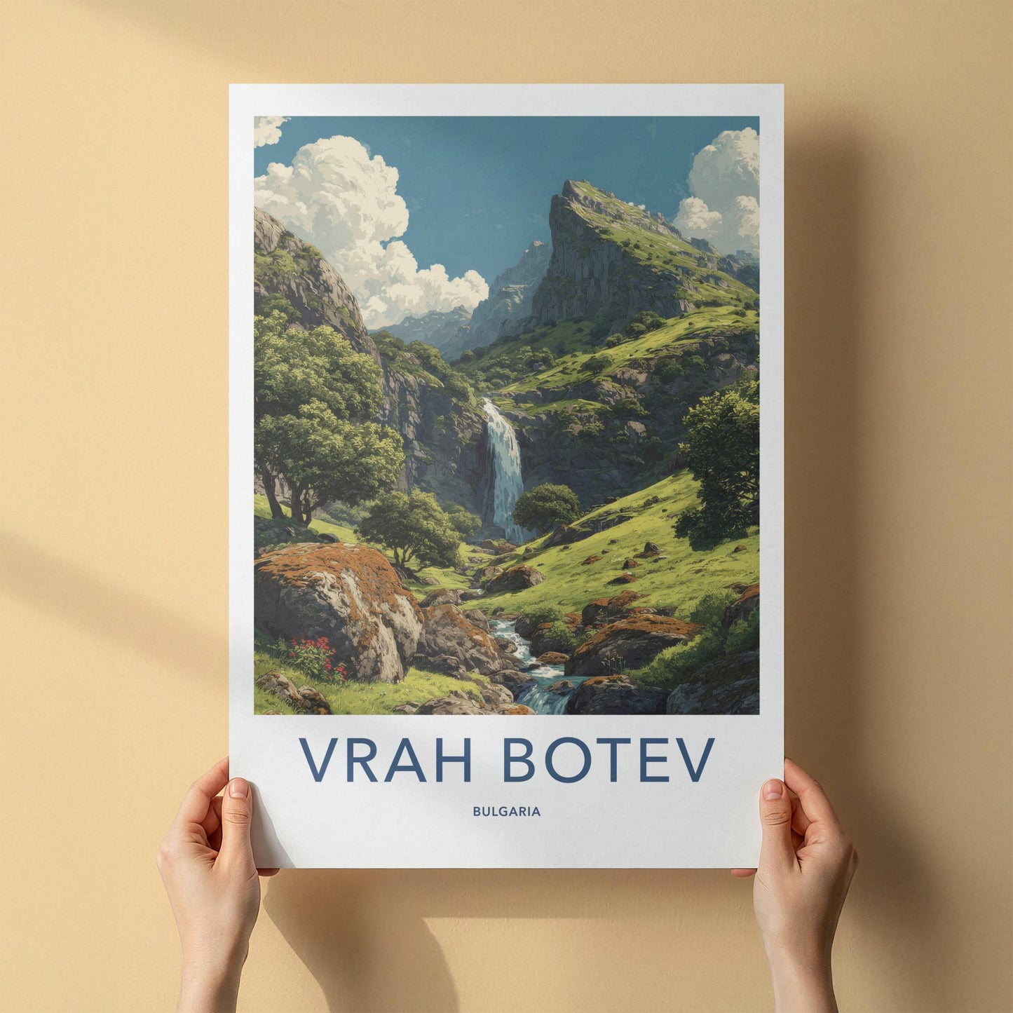 Vrah Botev Poster - Bulgaria Travel Art - Mountainous Cascading Waterfall Home Decor