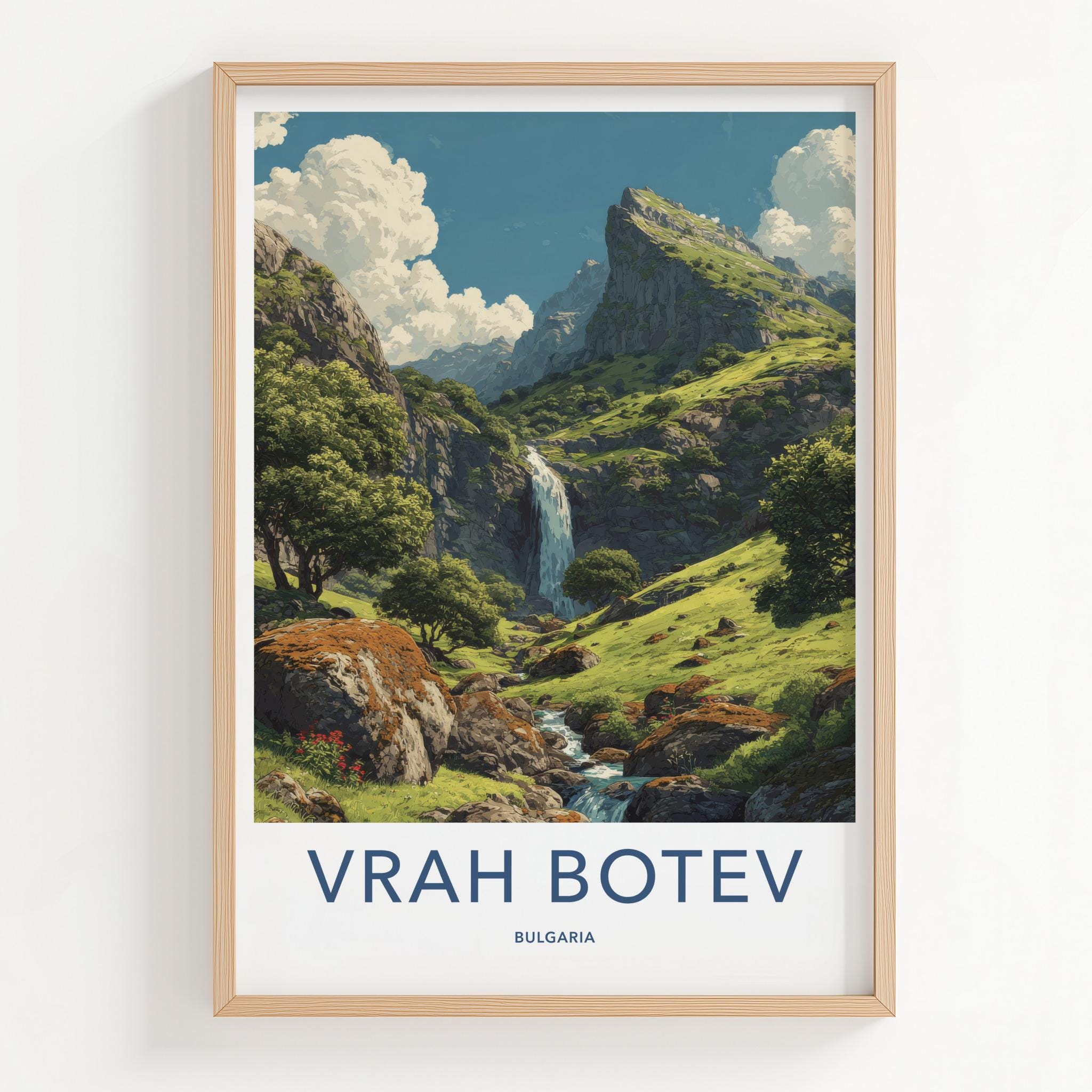 Vrah Botev Poster - Bulgaria Travel Art - Mountainous Cascading Waterfall Home Decor