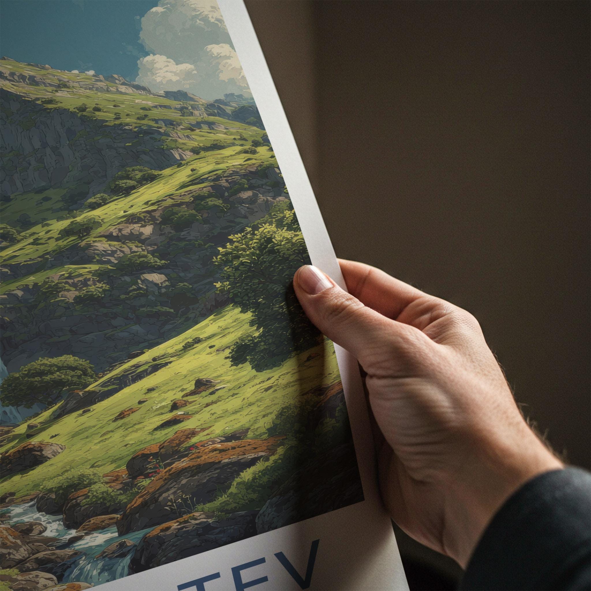 Vrah Botev Poster - Bulgaria Travel Art - Mountainous Cascading Waterfall Home Decor