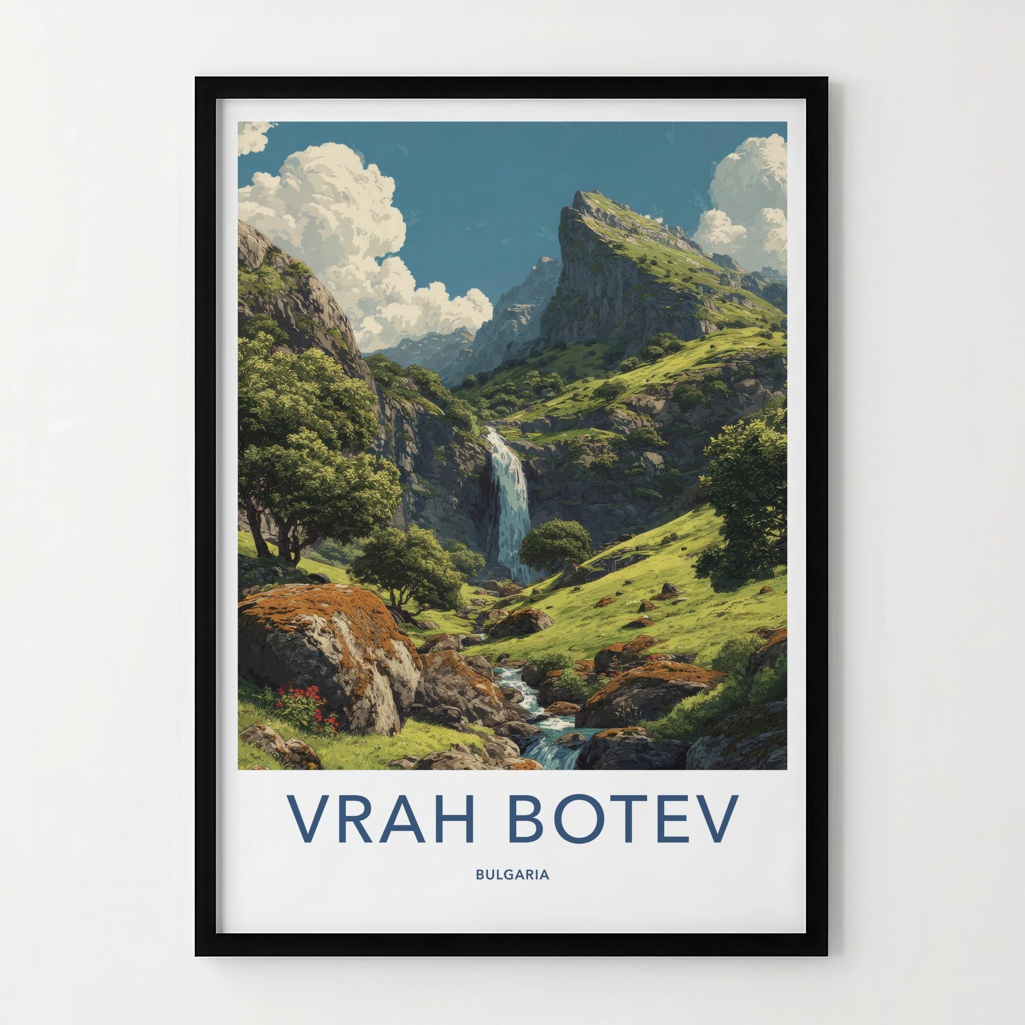 Vrah Botev Poster - Bulgaria Travel Art - Mountainous Cascading Waterfall Home Decor