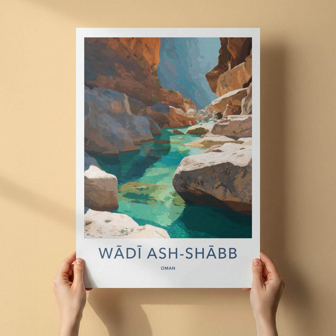 Wadi Ash-Shabb Poster - Oman Travel Art - Turquoise Canyon Stream Home Decor