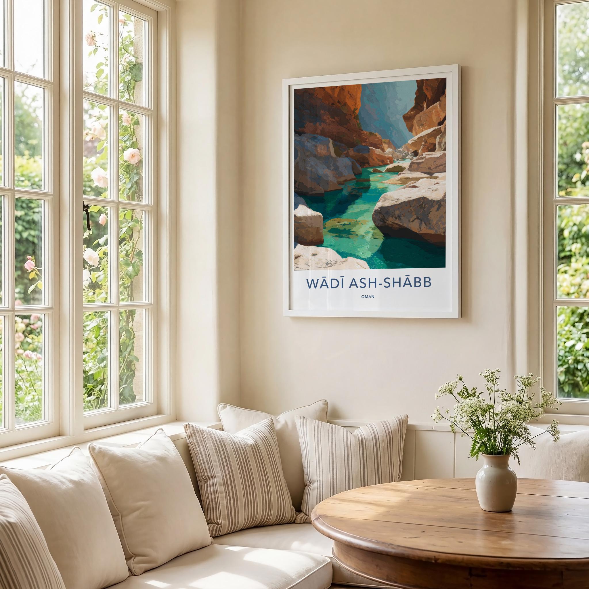 Wadi Ash-Shabb Poster - Oman Travel Art - Turquoise Canyon Stream Home Decor